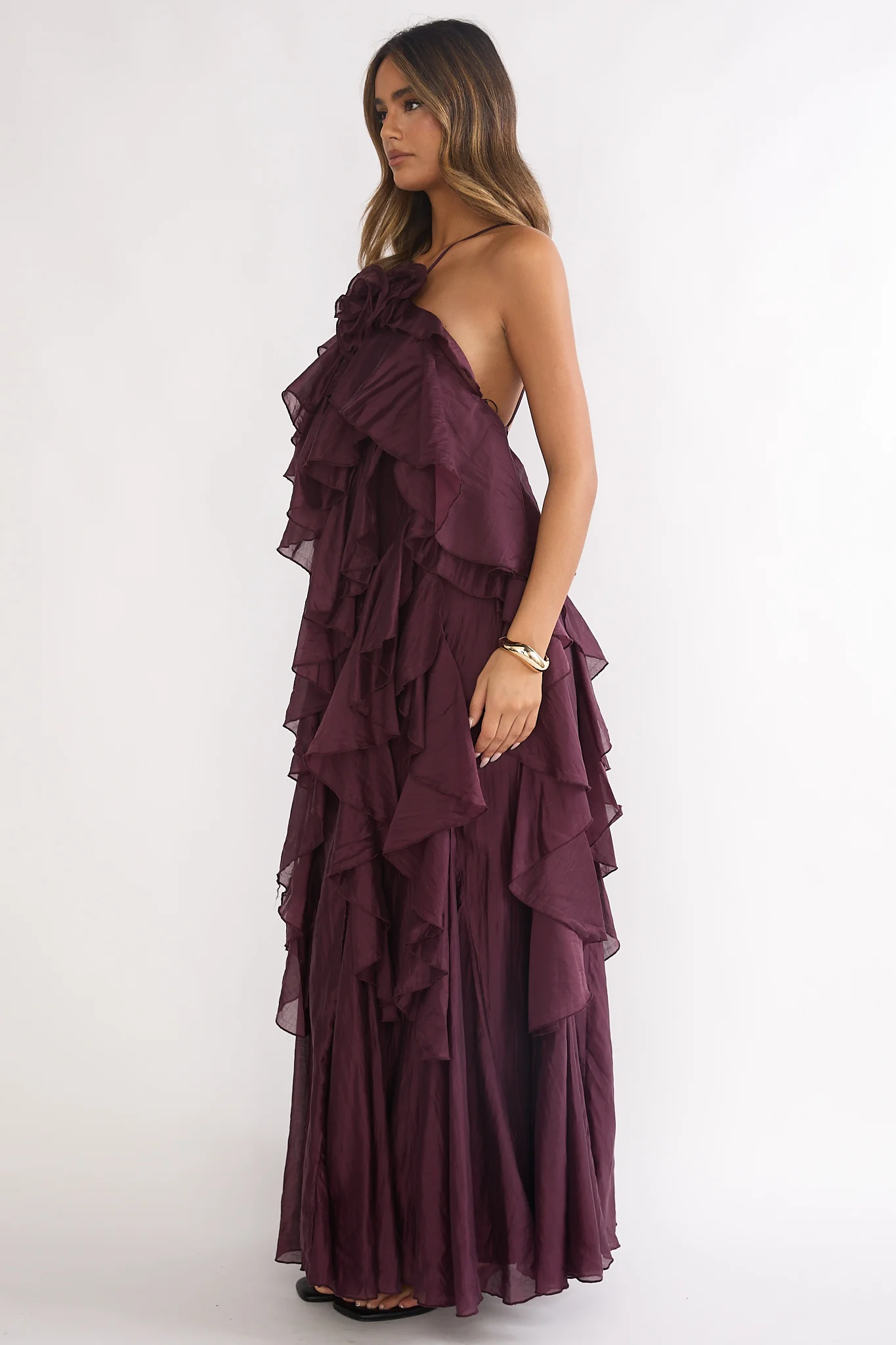 Secret Rendezvous Layered Ruffle Maxi Dress Maroon