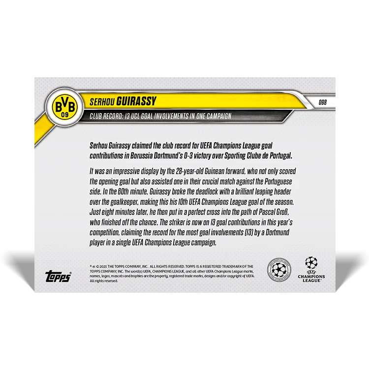 Serhou Guirassy - Club Record: 13 UCL goal involvements in one campaign - 24/25 UCL Topps NOW® Card 98