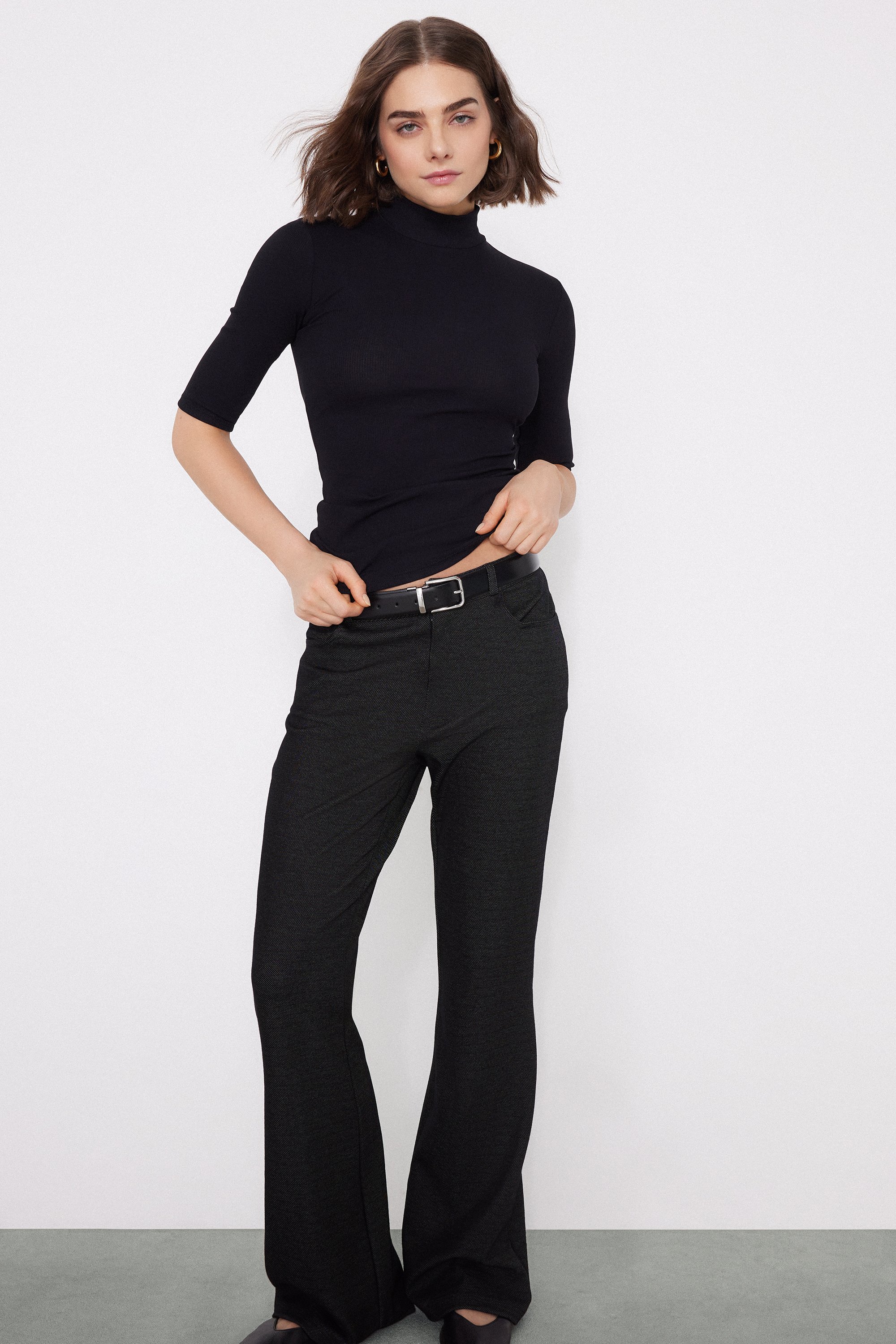 3/4 Sleeve Ribbed Cotton Polo Neck Top