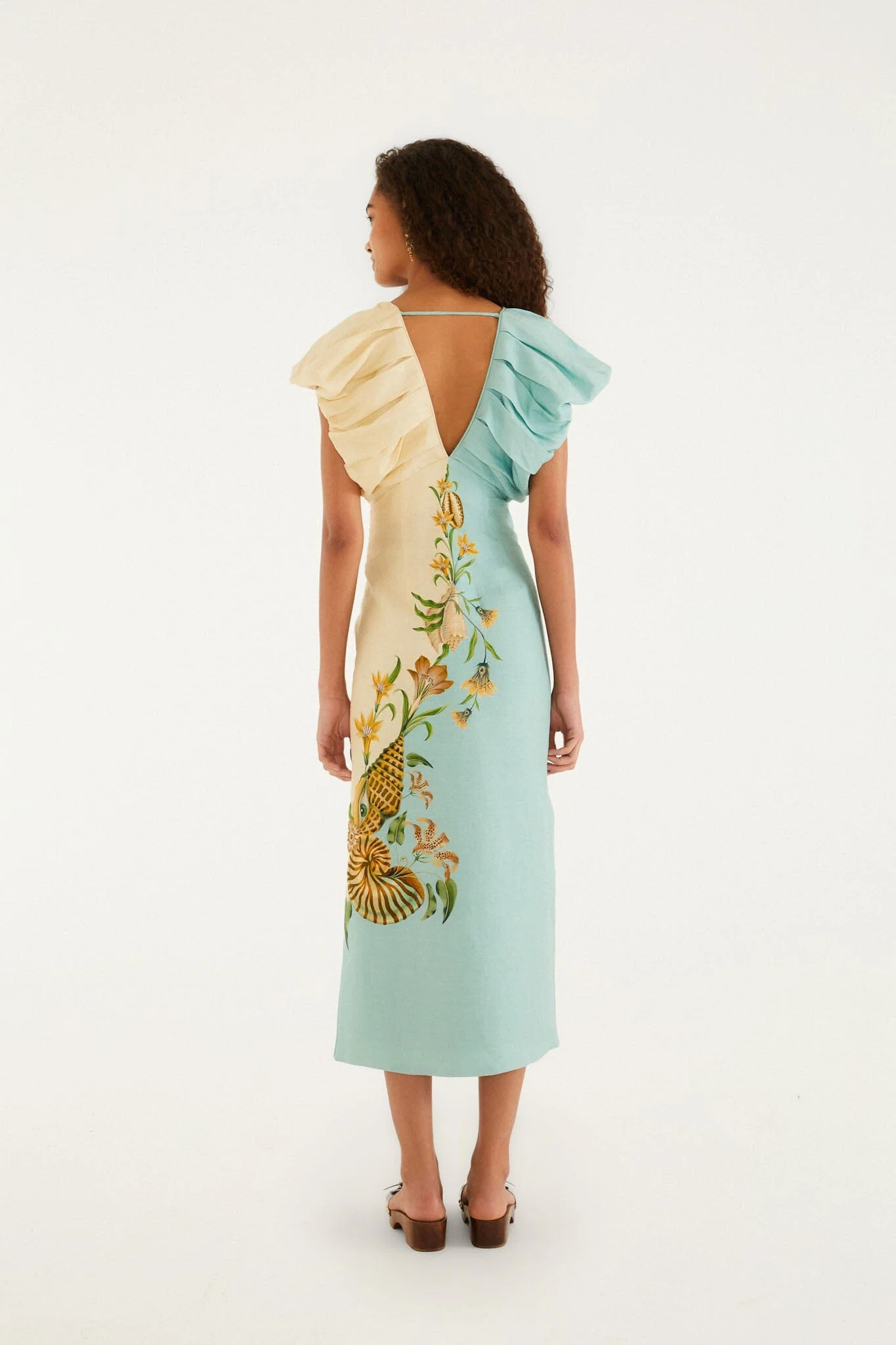 Bicolor Marine Garden Puff Sleeve Midi Dress