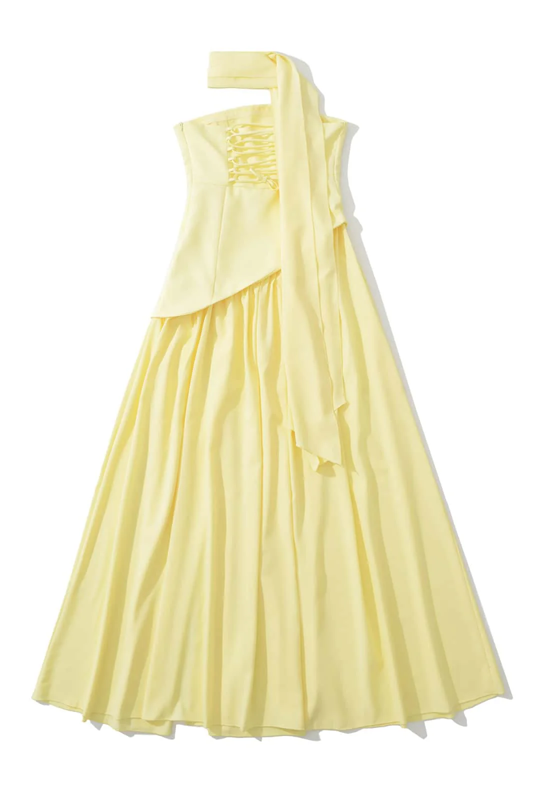 Yellow Crepe Bodice Gathered Long Dress