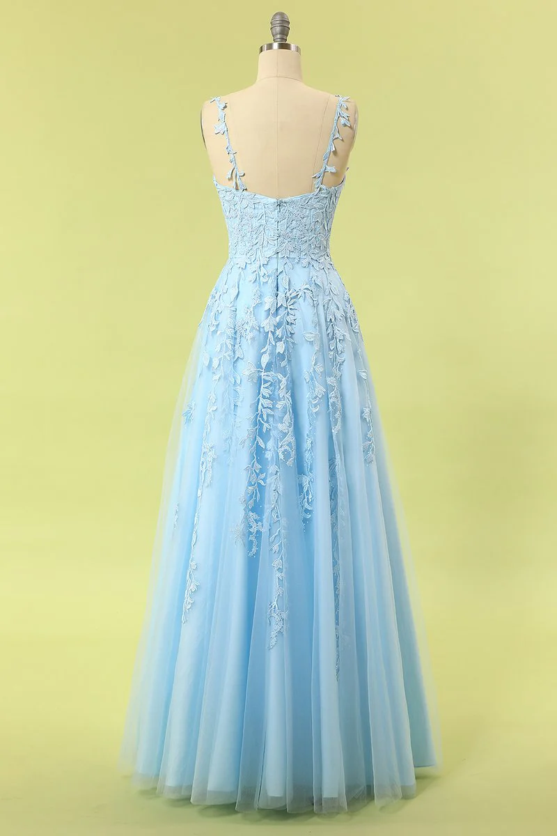 Blue Lace Appliques A-line Long Formal Dress