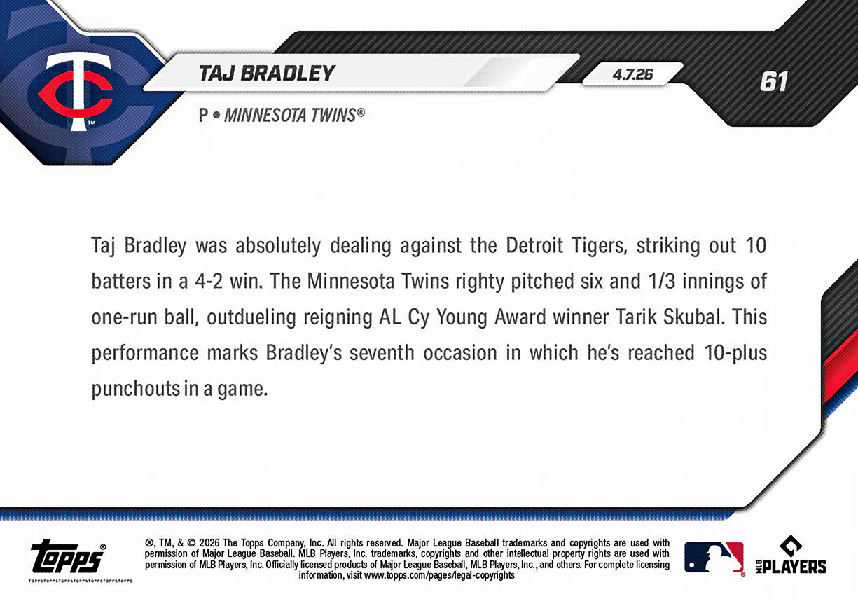 Taj Bradley - 2026 MLB Topps NOW® - Card 61 - PR: 348