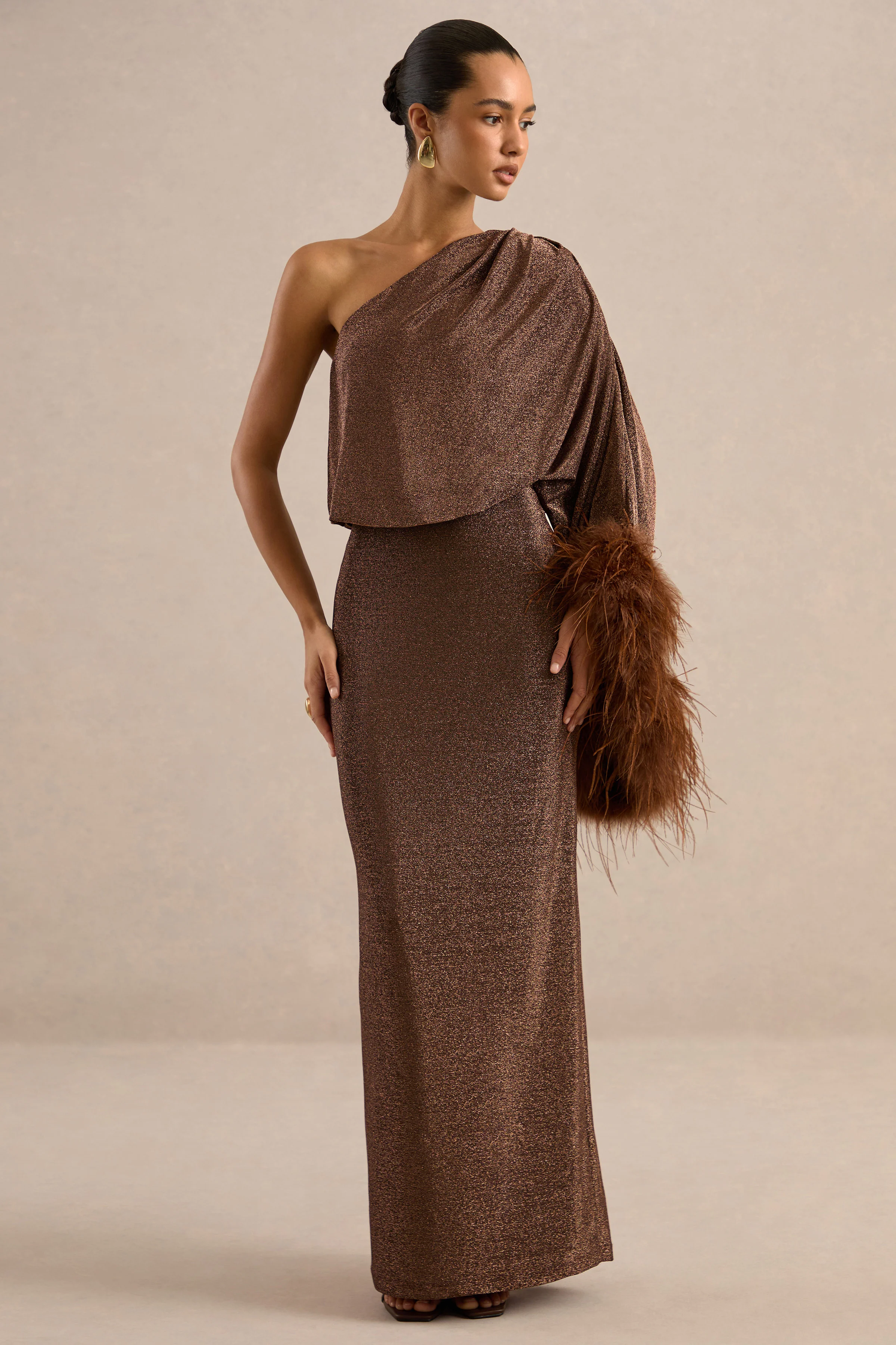 Galena | Brown Glitter One Sleeve Maxi Dress With Feather Detailing