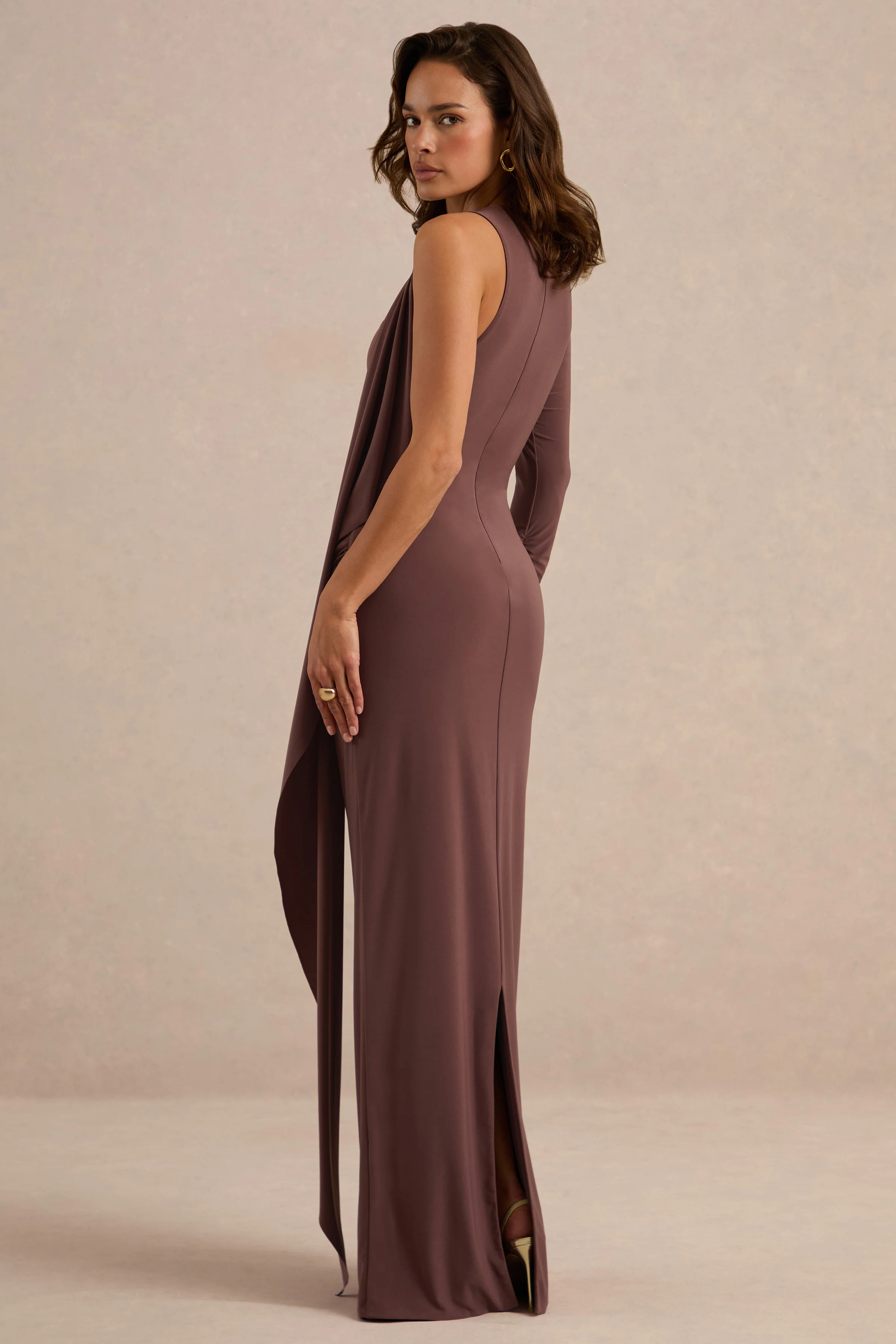 Epona | Dark Brown Jersey Boat Neck Long Sleeve Maxi Dress With Sash And Back Split