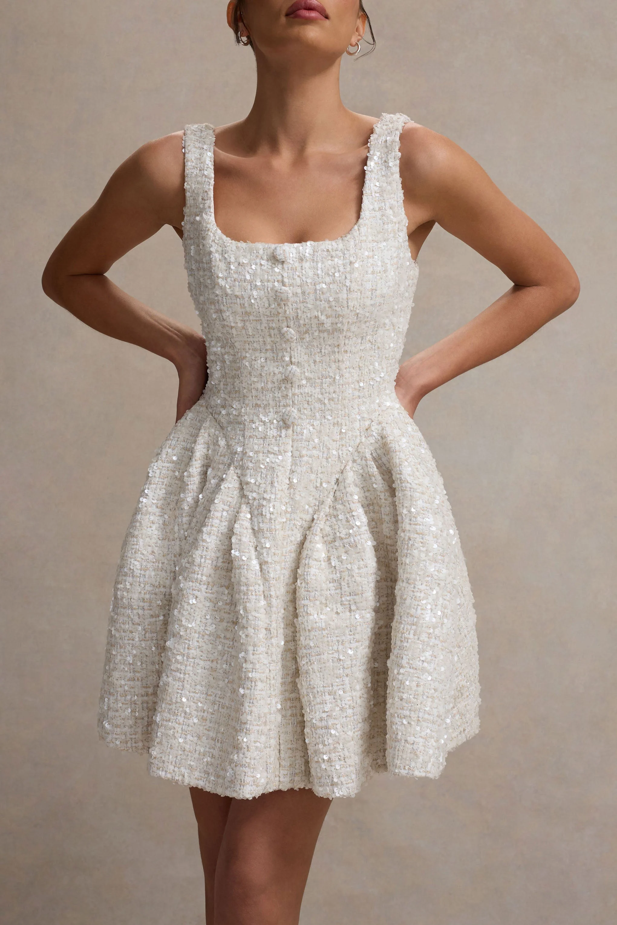 Sugar Plum | Cream Boucle Square-Neck Mini Dress