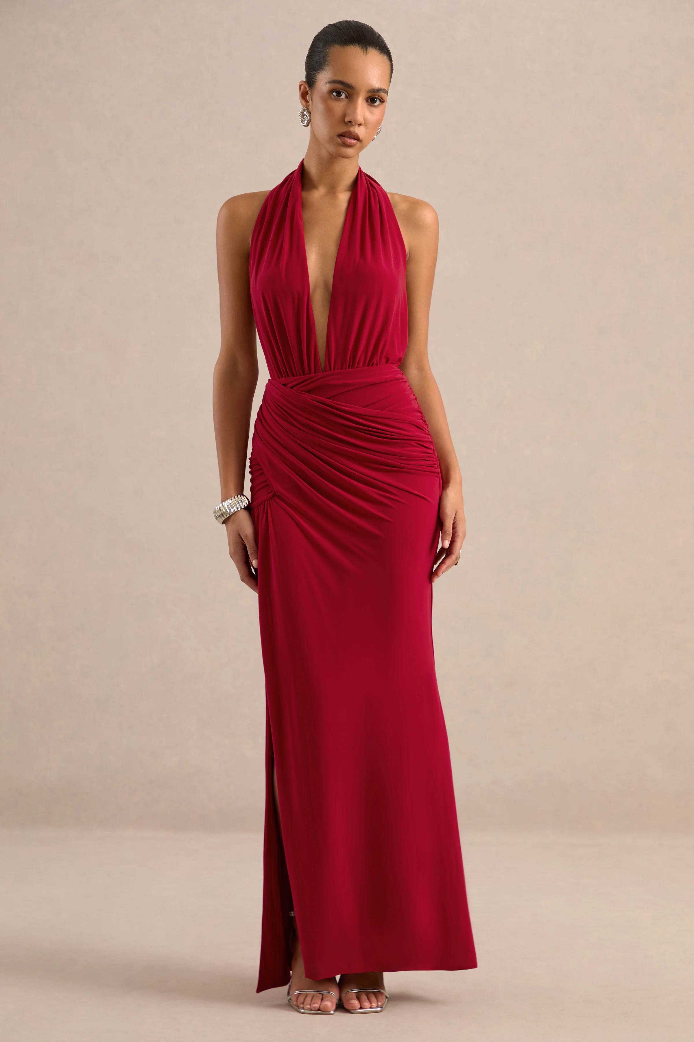 Tilly | Red Jersey Ruched Plunge Wrap Maxi Dress With Open Back And Split