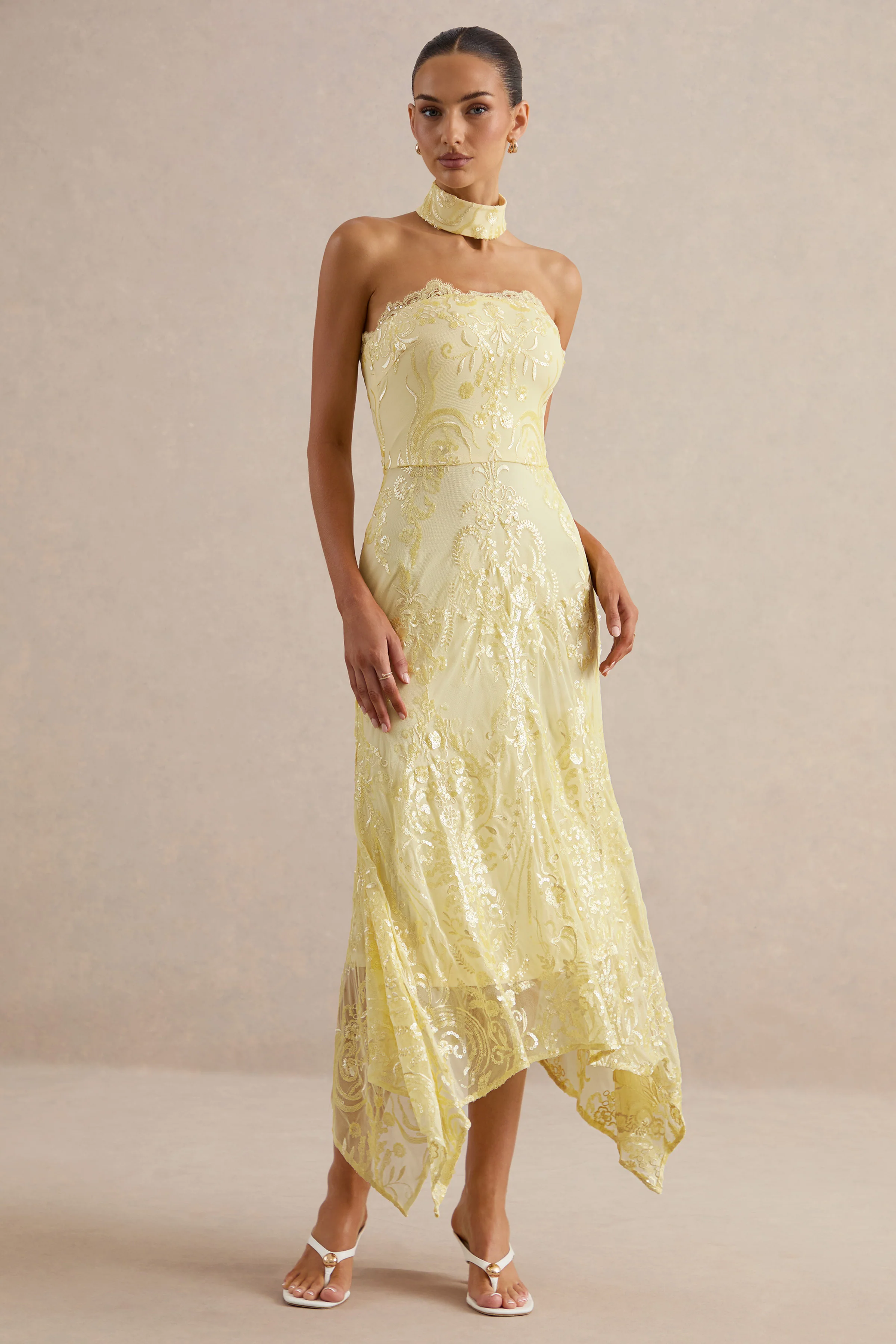 Galathea | Yellow Lace Bandeau-Neck Midi Dress With Collar Detail