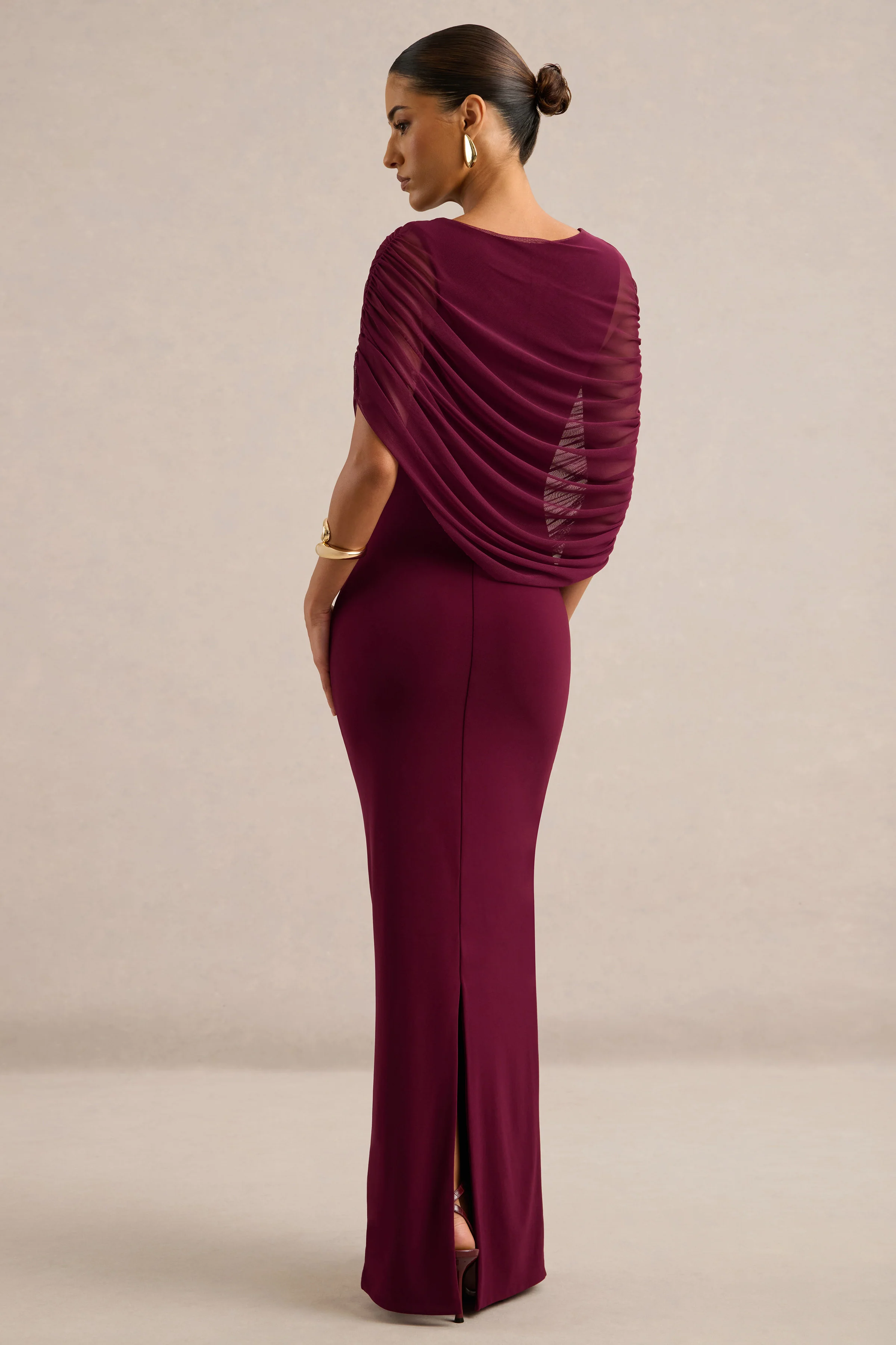 Ciana | Burgundy Jersey Ruched Round Neck Short Sleeve Maxi Dress With Draped Detailing And Back Split