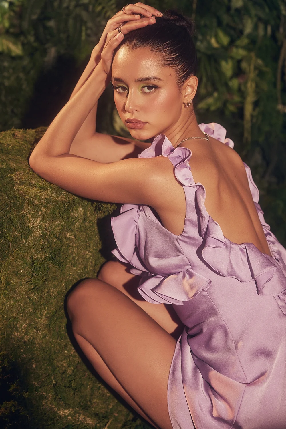 orchid satin ruffle mini dress