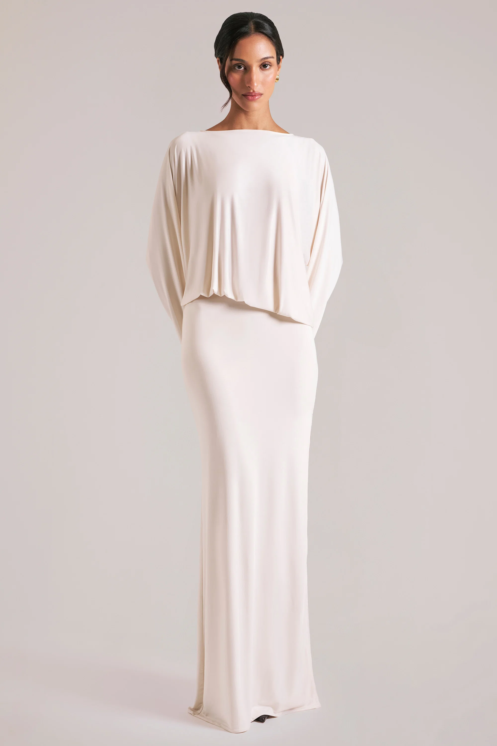 Long-Sleeve Draped Maxi Dress in Vanilla