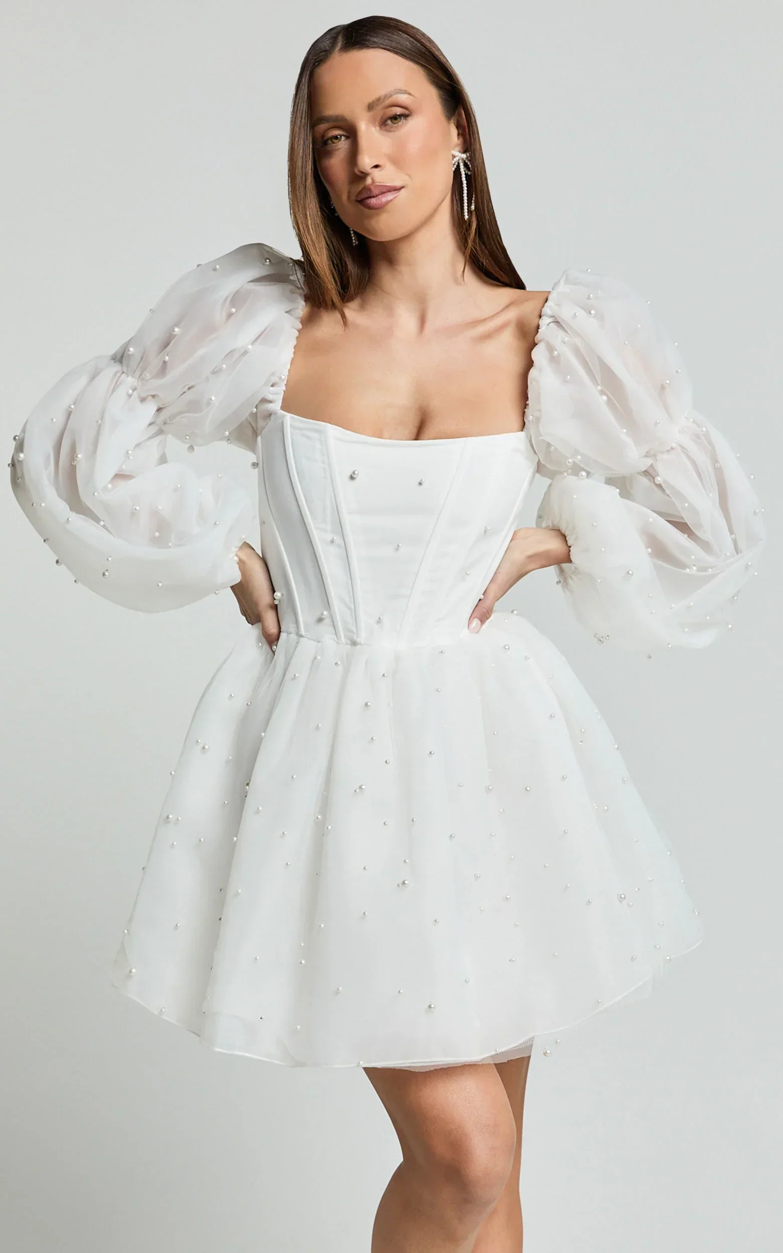 Ingrid Mini Dress - Long Puff Sleeve Pearl Detail Dress in White