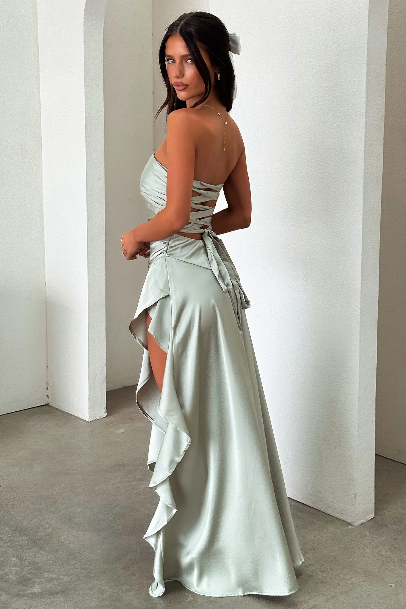 Carly Strapless Satin Maxi Dress - Sage