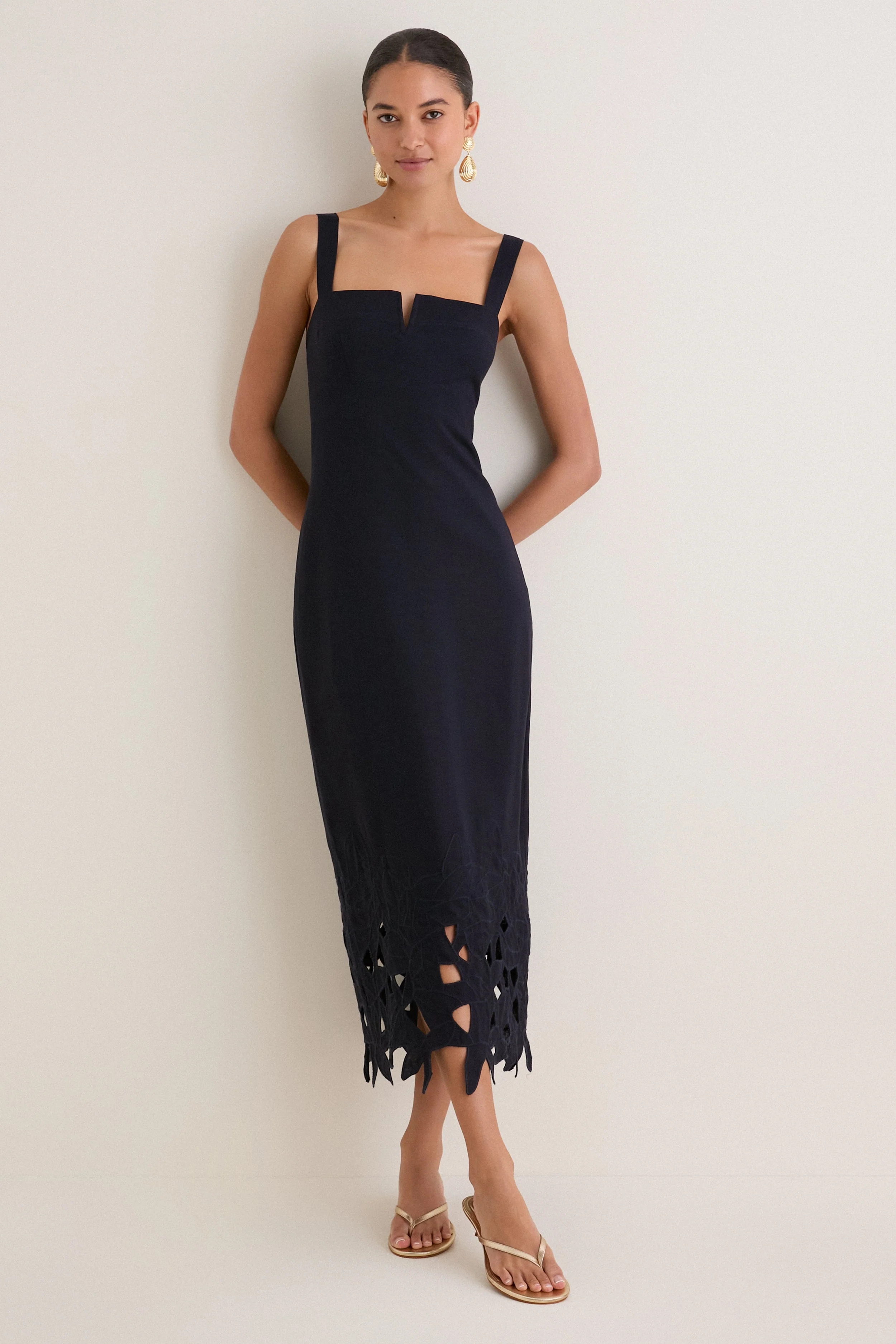 Navy Embroidered Linen Alma Midi Dress