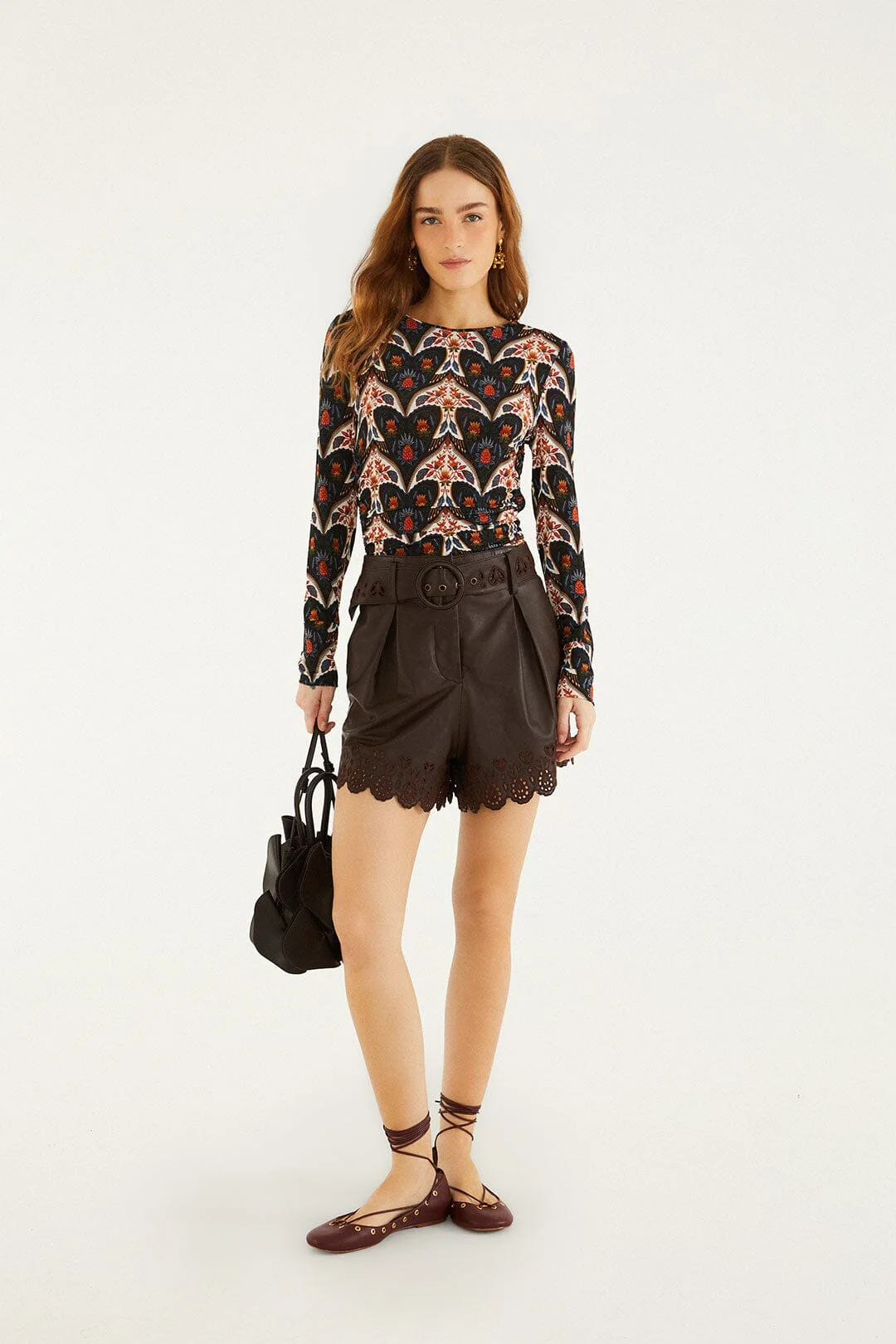 Black Porcelain Birds Long Sleeve Jersey Blouse