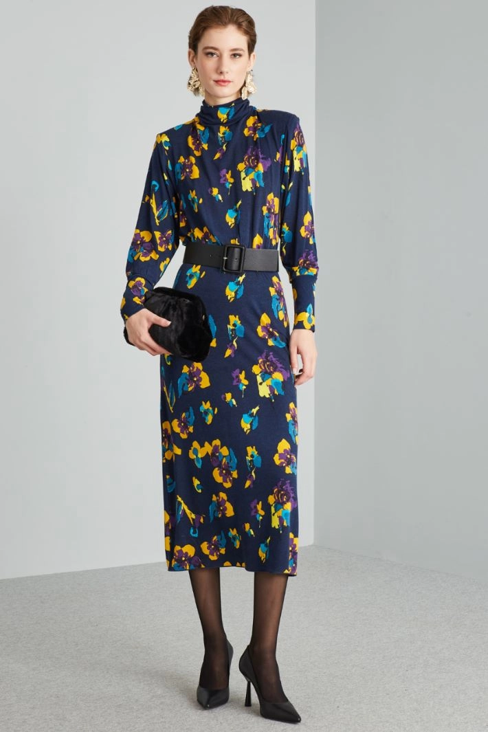 Midi dress with soft neck - BLUE YELLOW