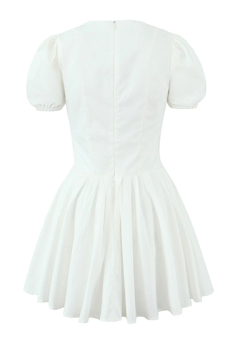 Plunge V-neck White Ruched Short Summer Dress