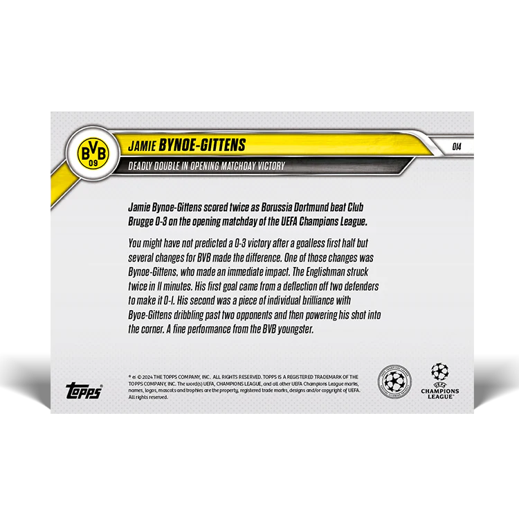 Jamie Bynoe-Gittens - Deadly double in opening matchday victory - 24/25 UCC TOPPS NOW® Card 14