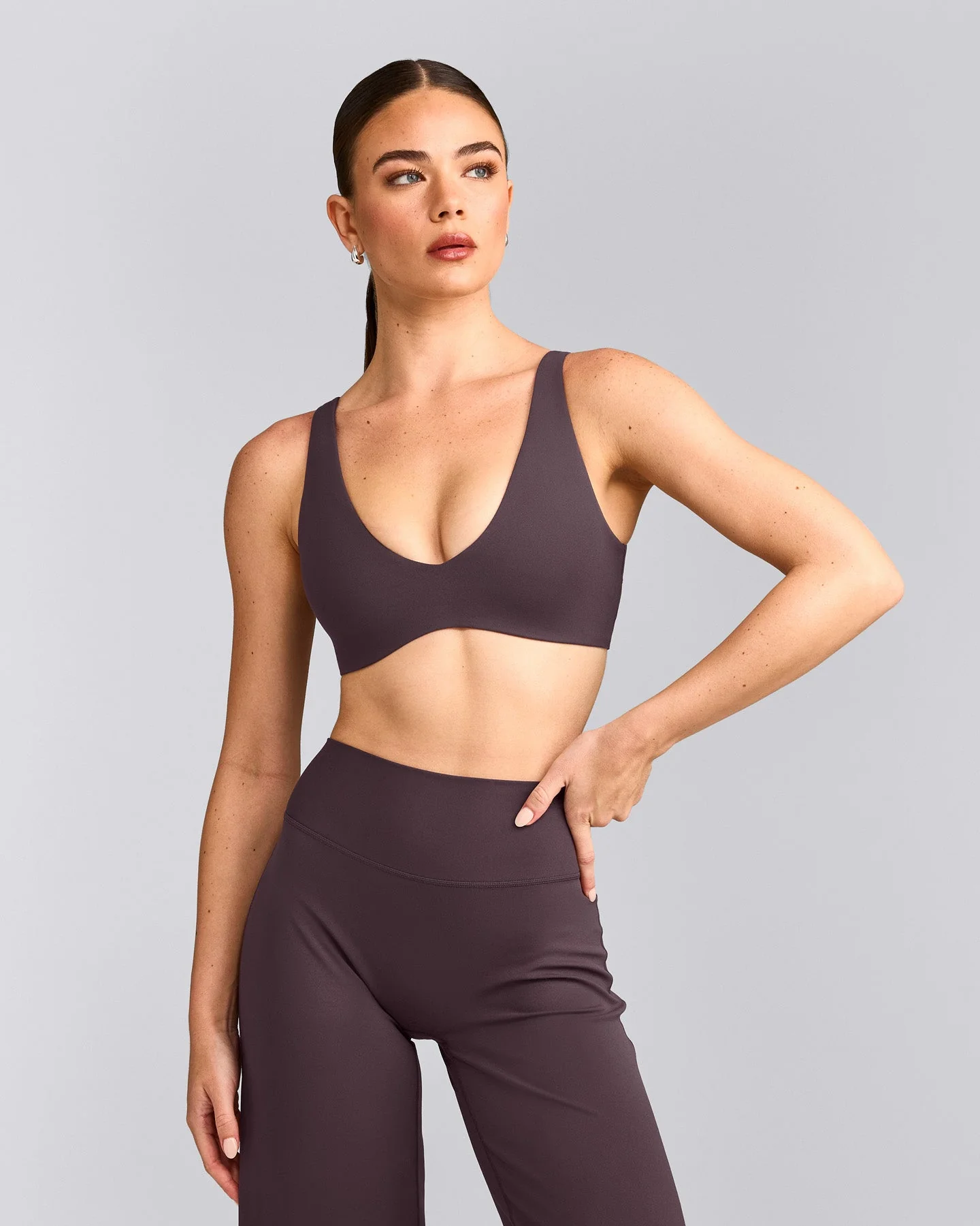 SoftMotion™ Scoop Back Bralette with Grey Logo | Dark Umber Brown