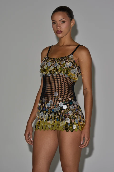 Resort Living Sequin Crochet Mini Dress