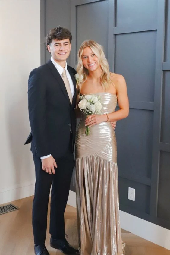 Strapless Champagne Pleated Fitted Long Prom Dress