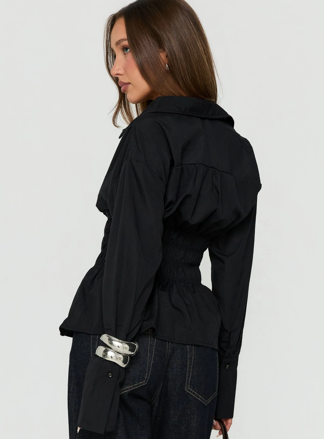 As You Are Shirred Button Up Top Black