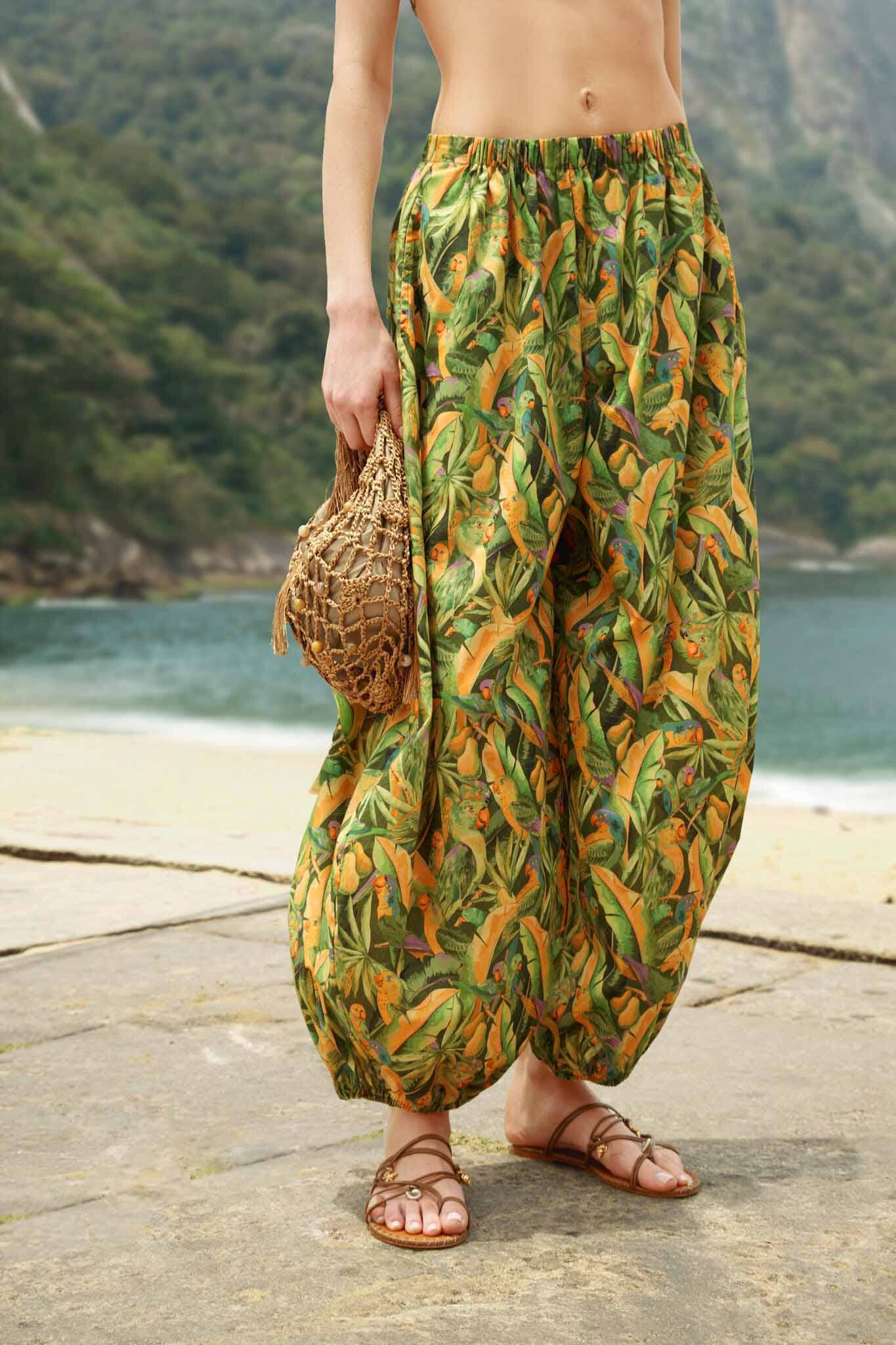 Green Forest Parrots Pockets Balloon Pants