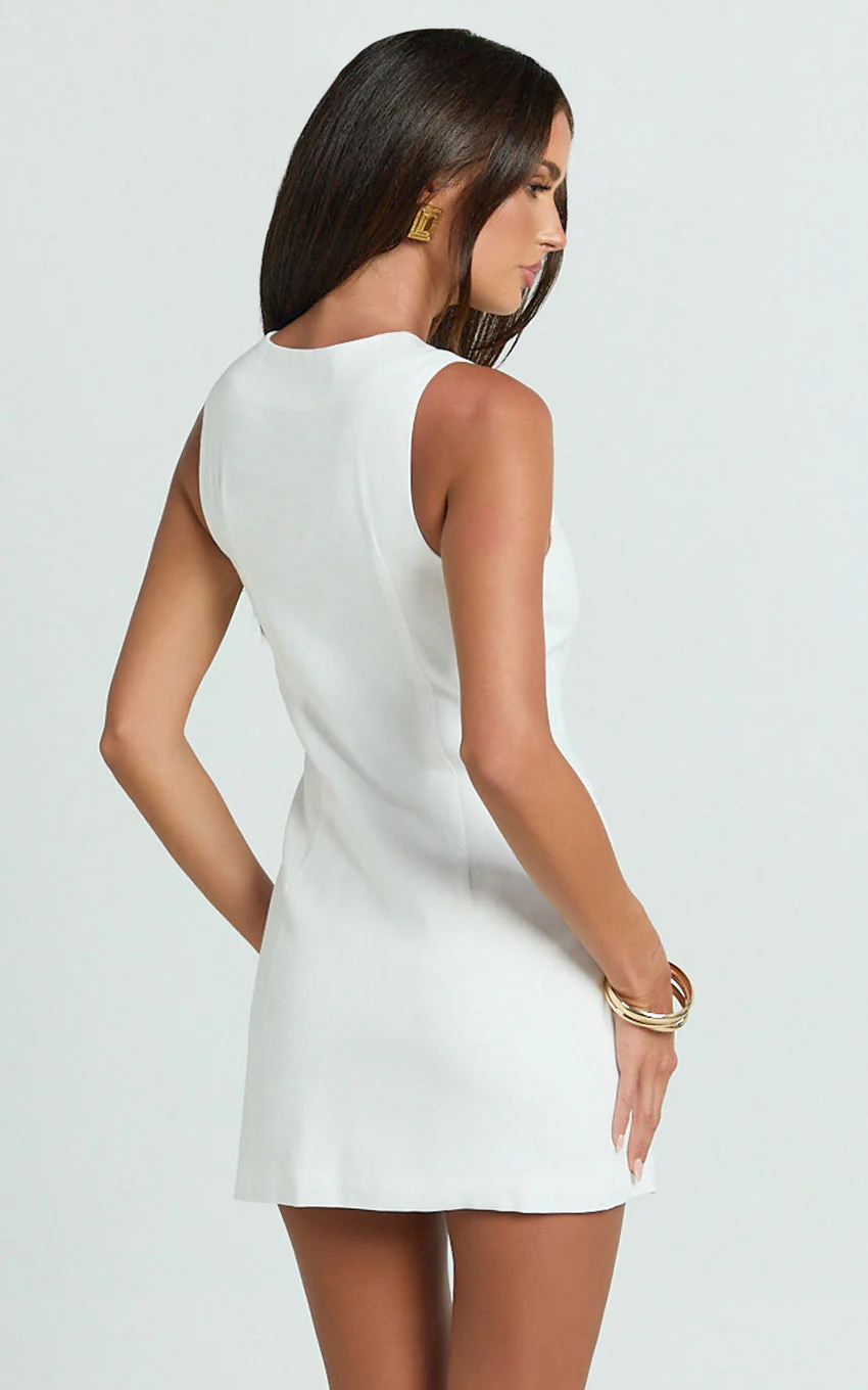 Alberta Mini Dress - Fitted Hardware Button Down Welt Pocket Dress in Off White