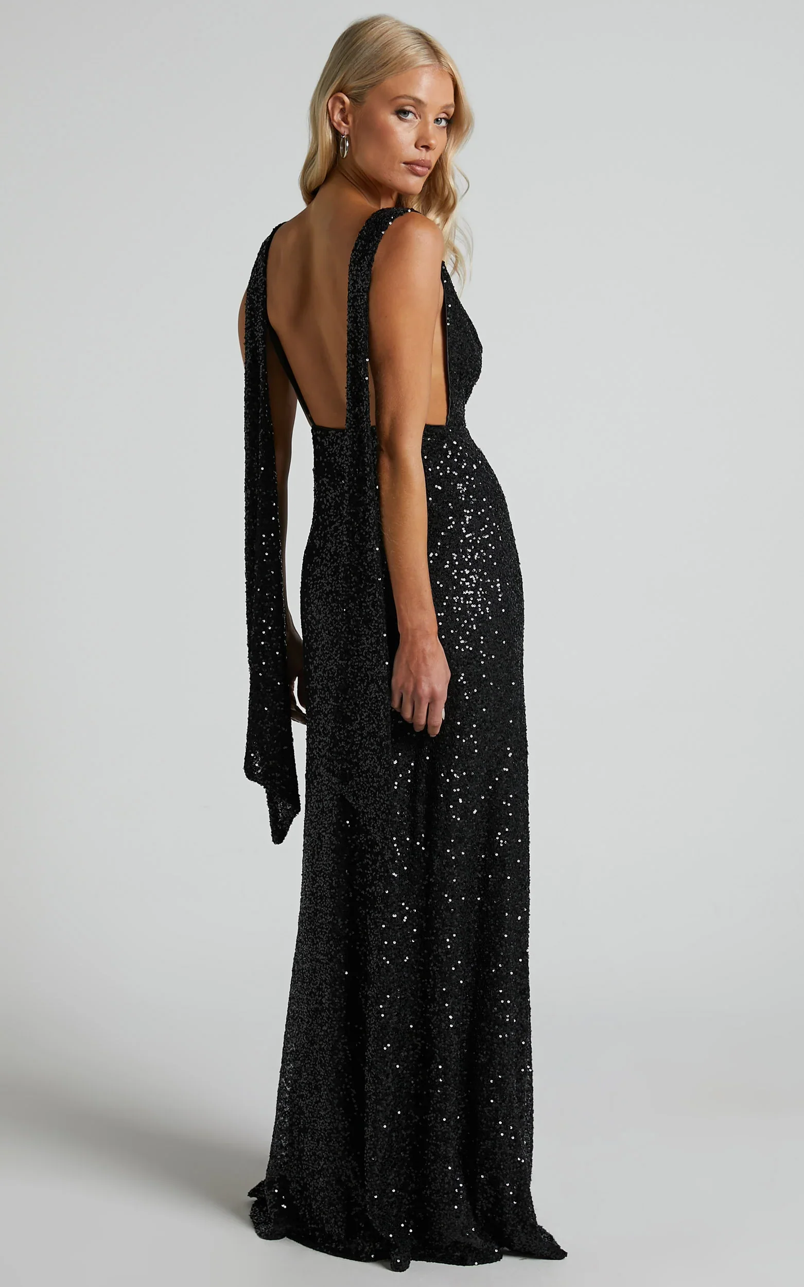 Malisha Maxi Dress - Sequin Cowl Neck Backless Dress in Black