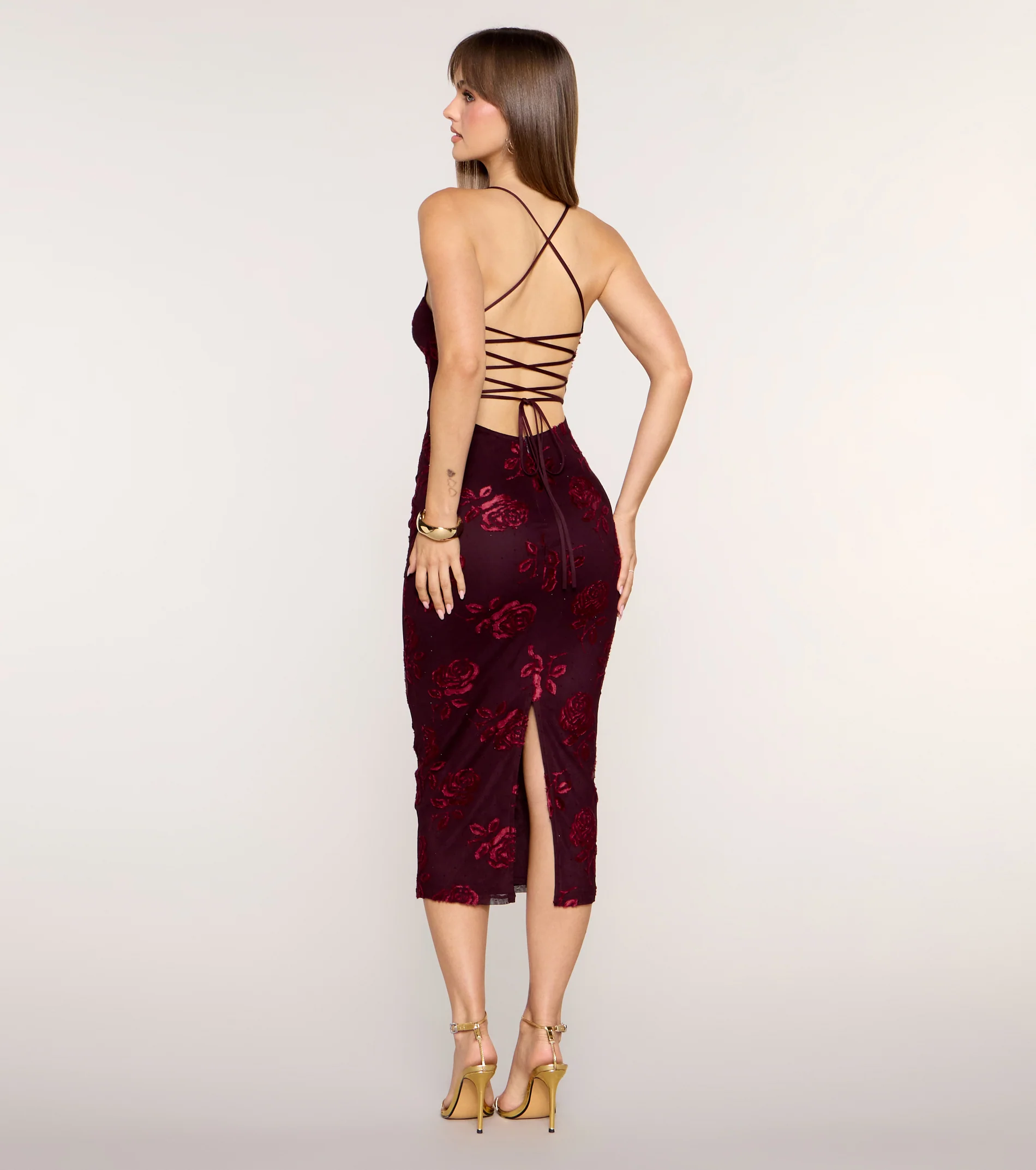 Rose Trace Rhinestone Lace-Up Bodycon Midi Dress