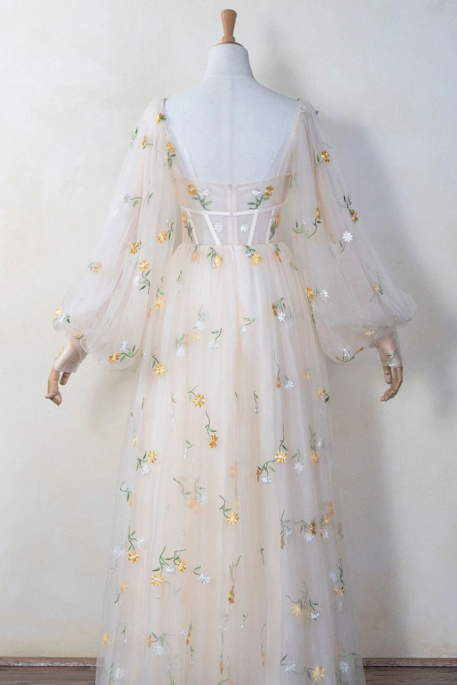 Puffy Long Sleeves Yellow Floral Cottage Dress