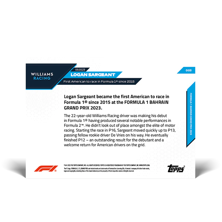 Topps UK - First American to race in Formula 1 since 2015 - F1 TOPPS NOW® Card #003