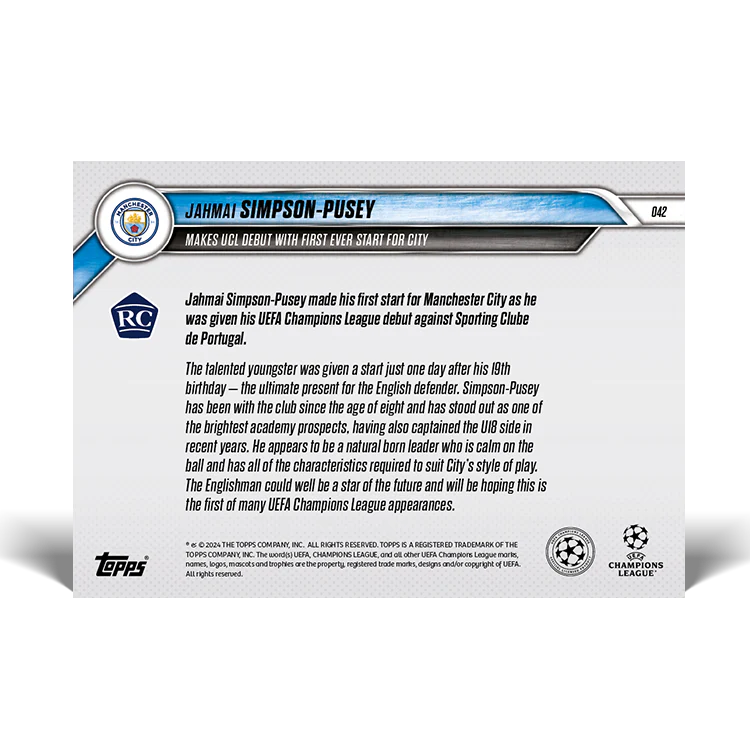 Jahmai Simpson-Pusey - Makes UEFA Champions League debut with first ever start for City - 24/25 UCC Topps NOW® Card 42