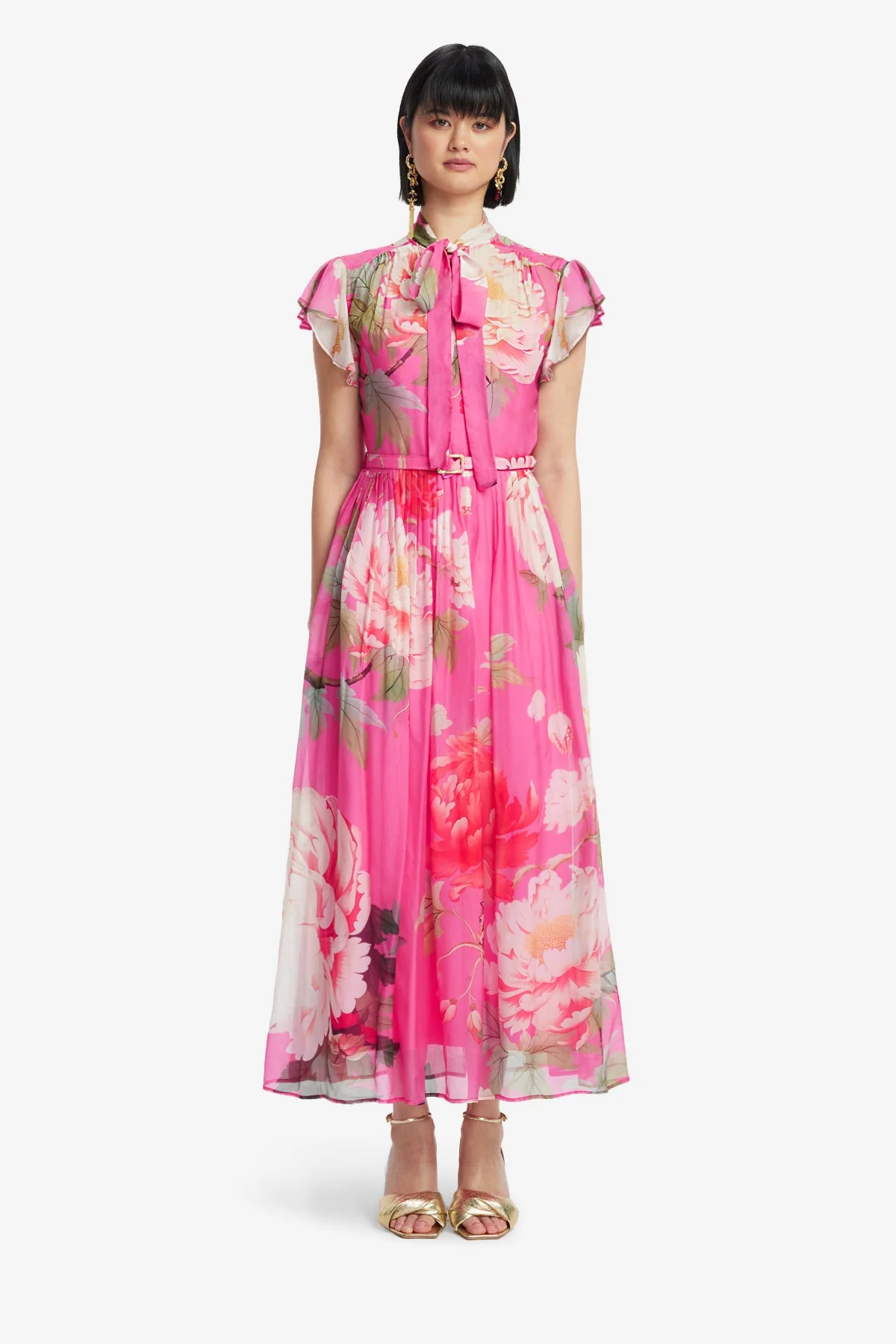 Grace Flutter Sleeve Midi Dress - Peony Print in Fuchsia