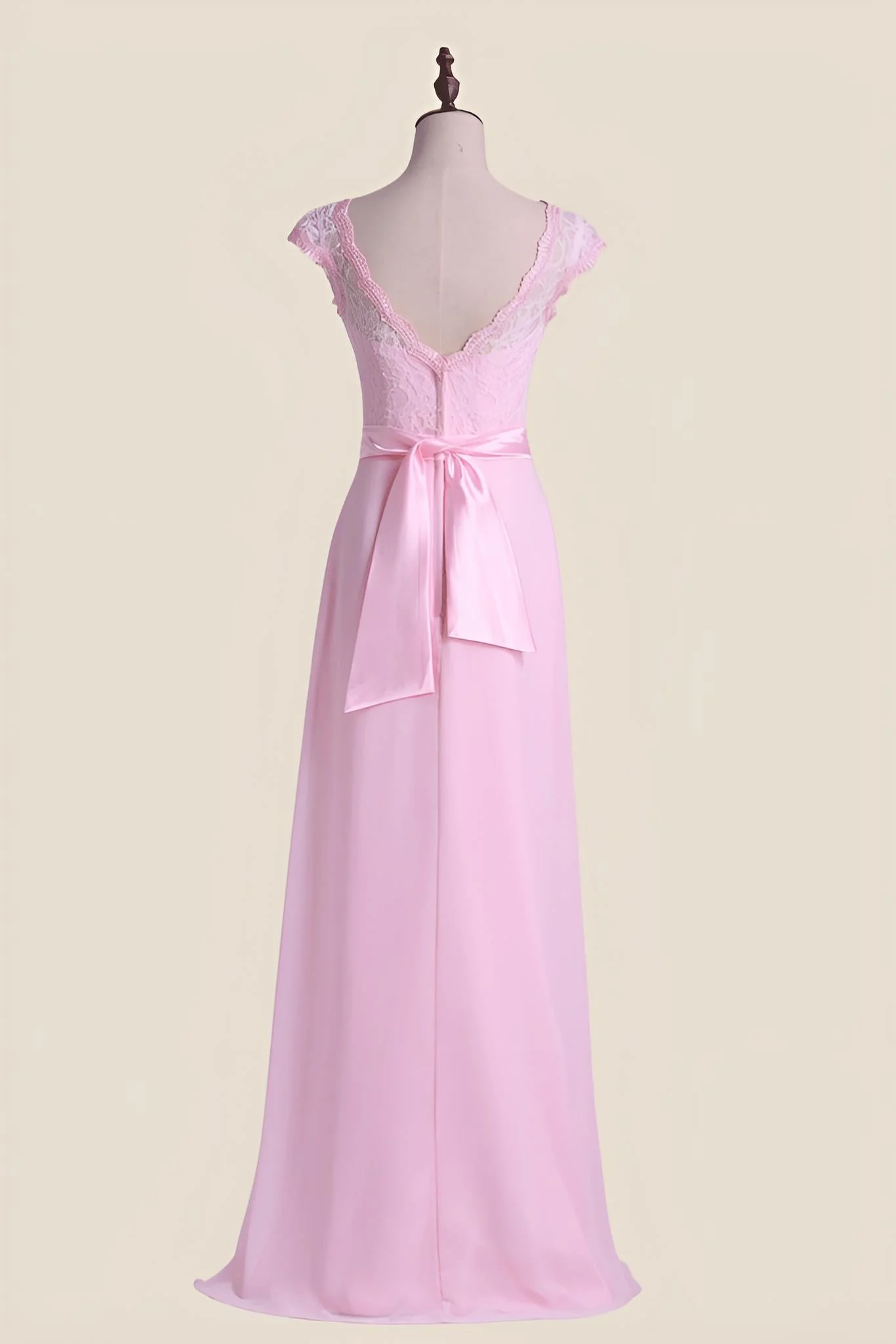 Cap Sleeves Pink Lace and Chiffon Long Bridesmaid Dress