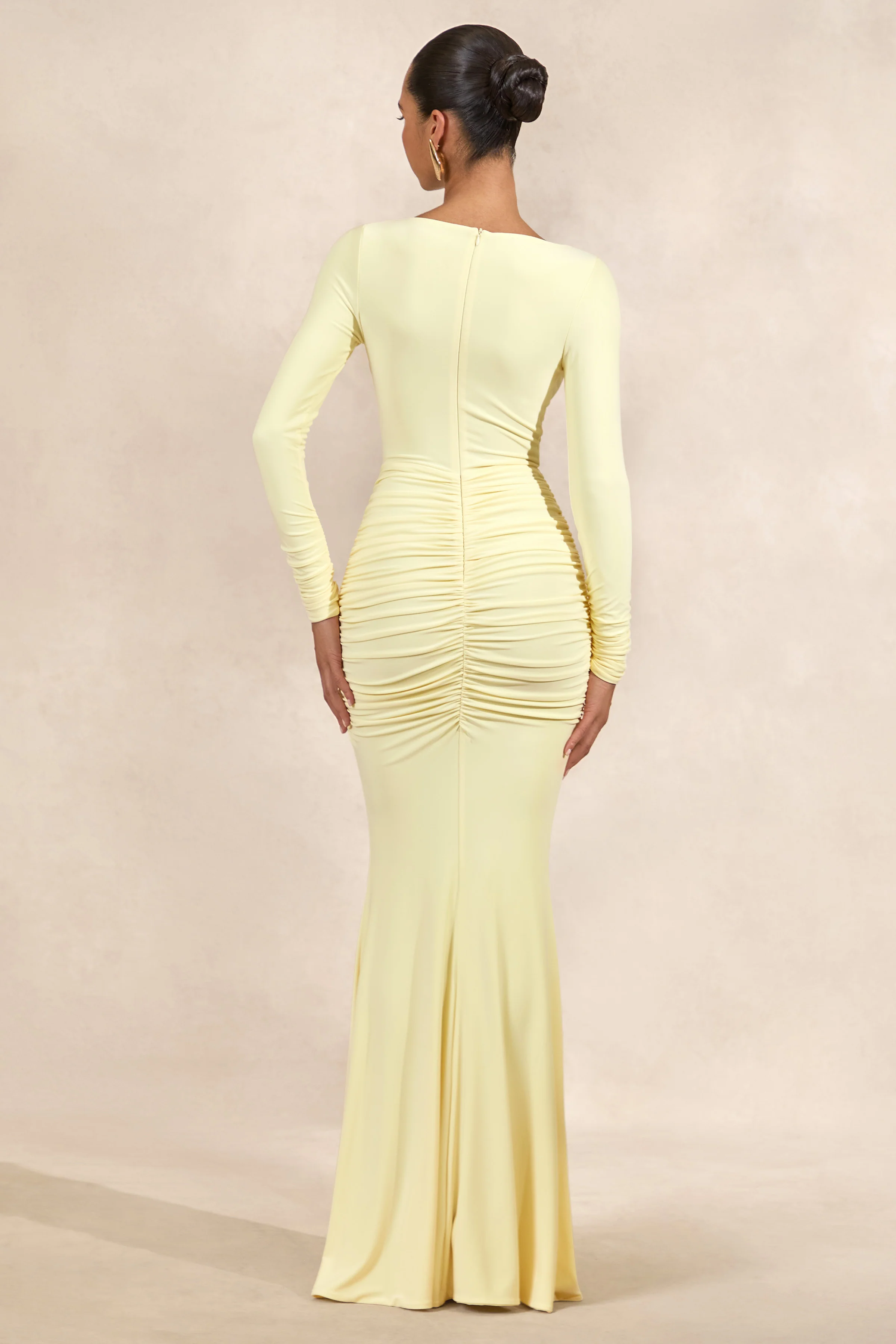 Liatris | Lemon Jersey Boat Neck Long Sleeve Maxi Dress With Gathered Detailing And Sash