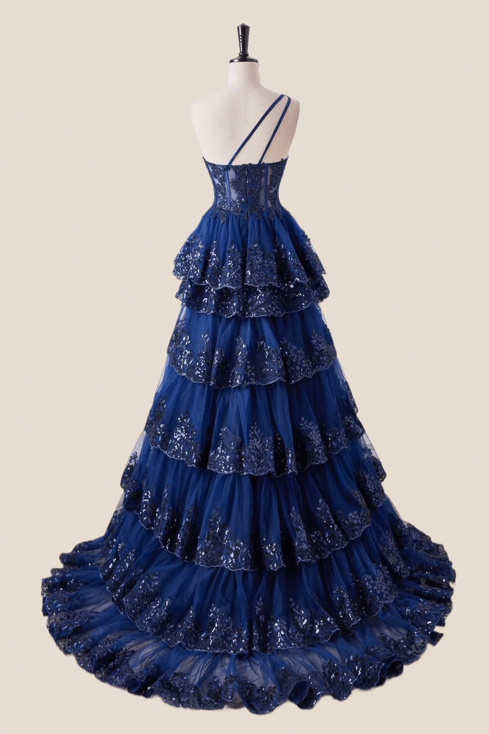 One Shoulder Navy Blue Appliques Ruffles Long Formal Dress