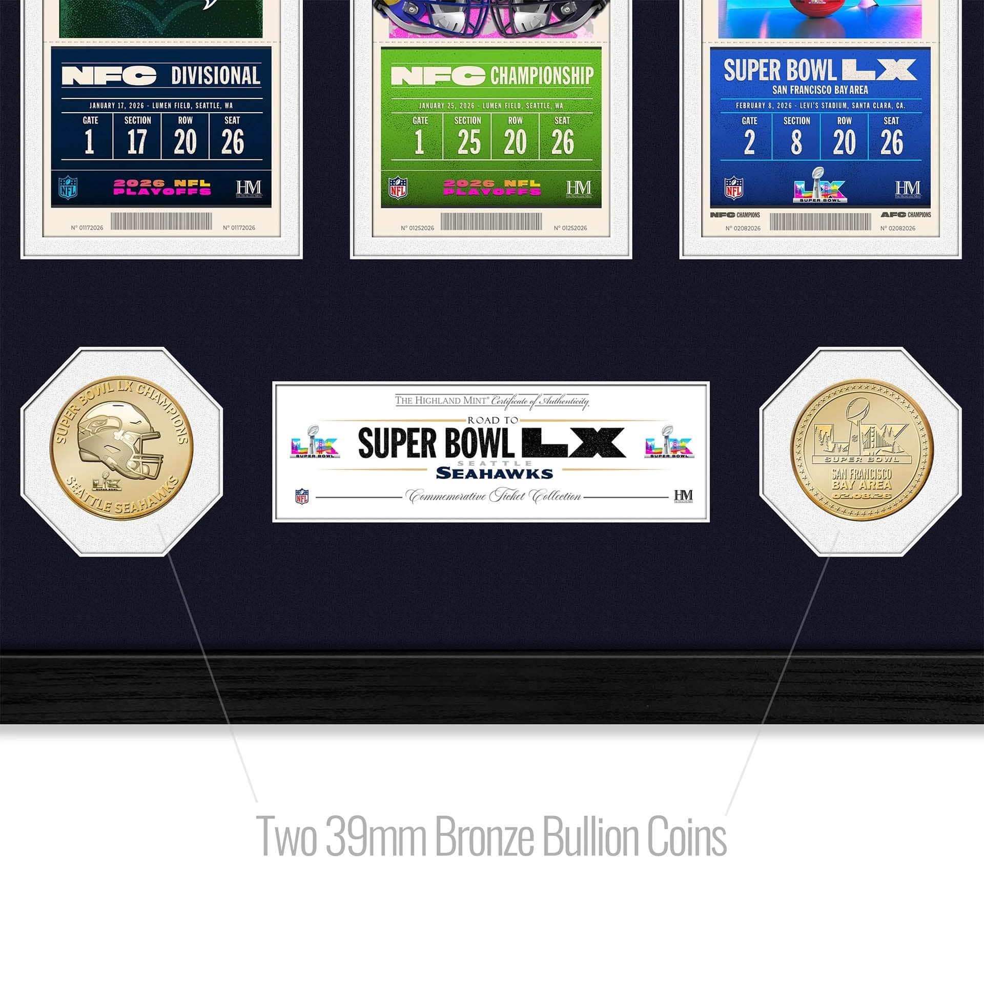 Seattle Seahawks Road to Super Bowl LX Tickets Bronze Coins NFL Frame