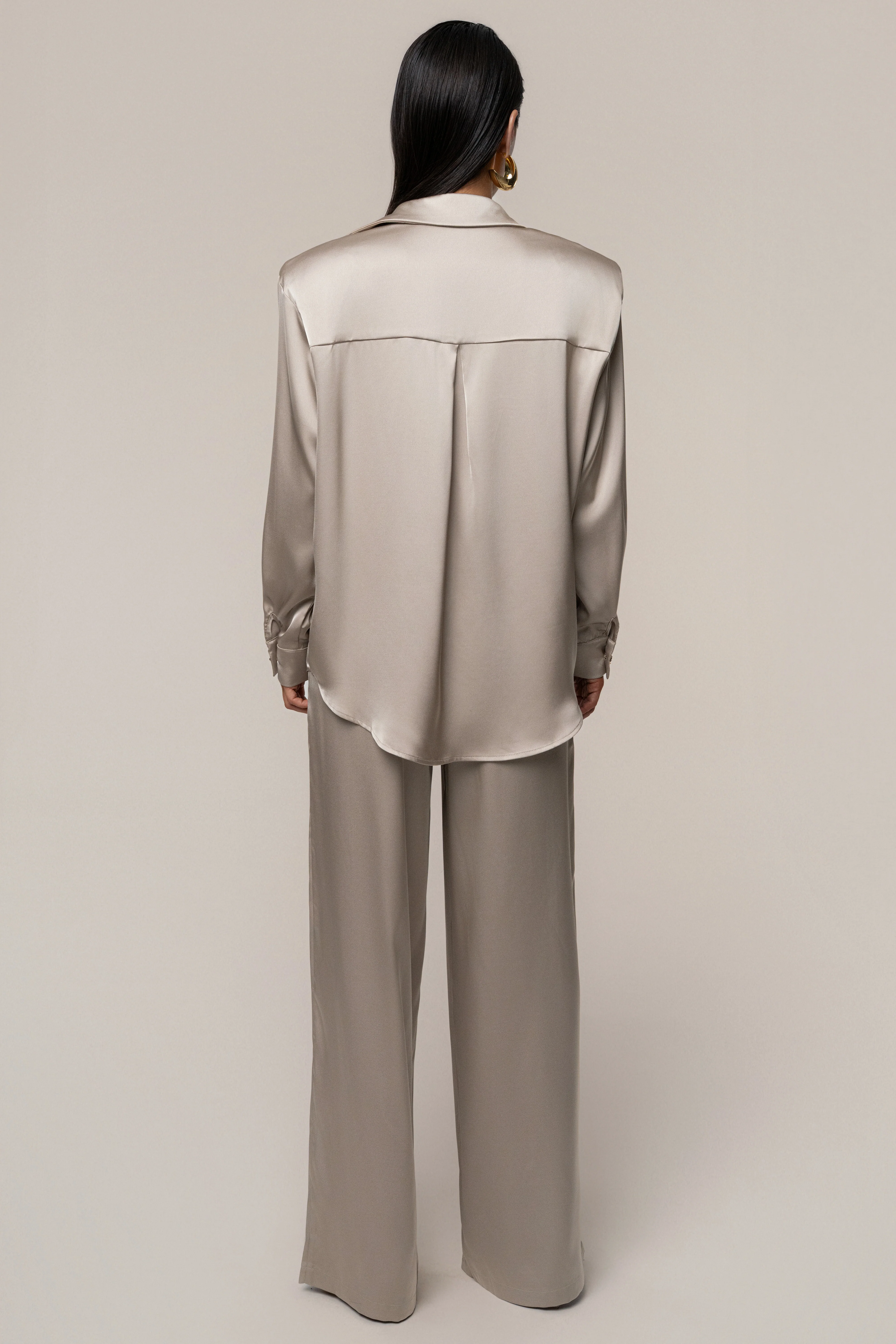 Beige Island Ease Collared Satin Top