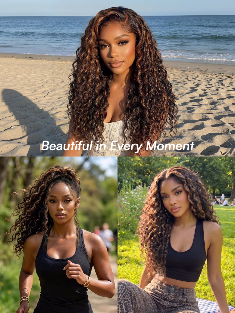 Golden Brown Highlight Water Wave 7x5 Bye Bye Knots Lace Closure Glueless Human Hair Wig with Drawstring
