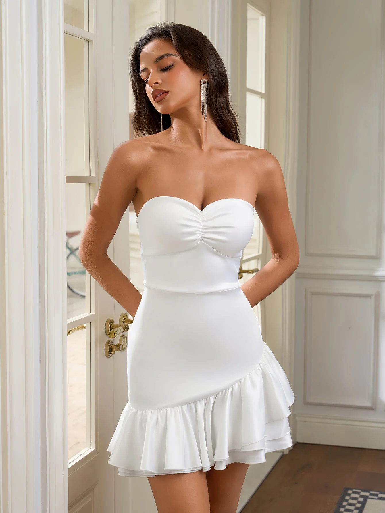 Ruched Bust Asymmetrical Hem Zipper Satin Tube Dress
