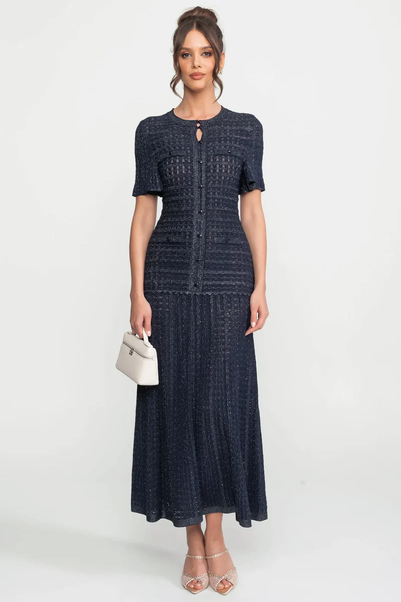 Short Sleeve Midi Dress With Shimmer Knit Texture