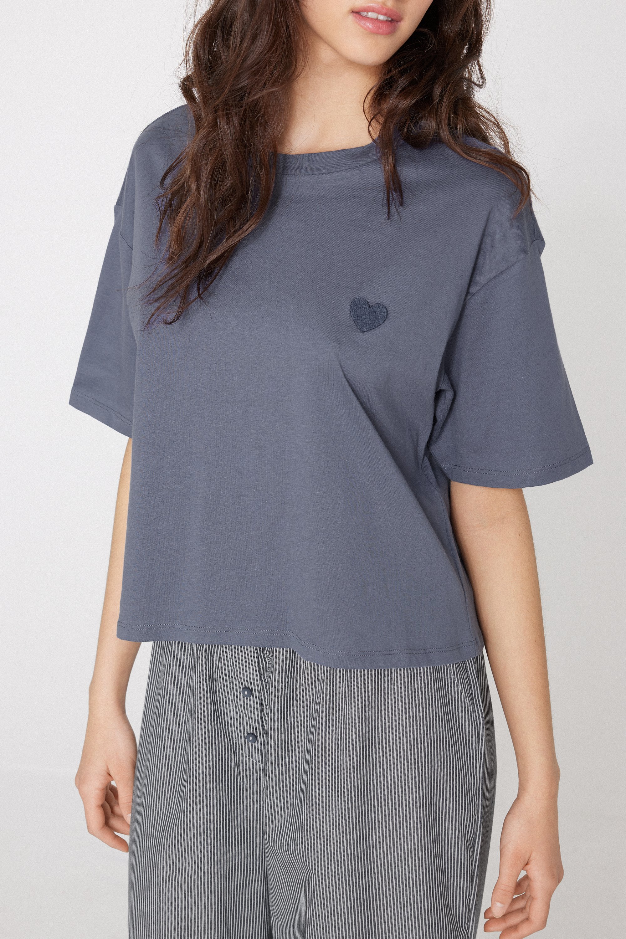 Cotton and Canvas Long Pyjamas with Short Sleeves