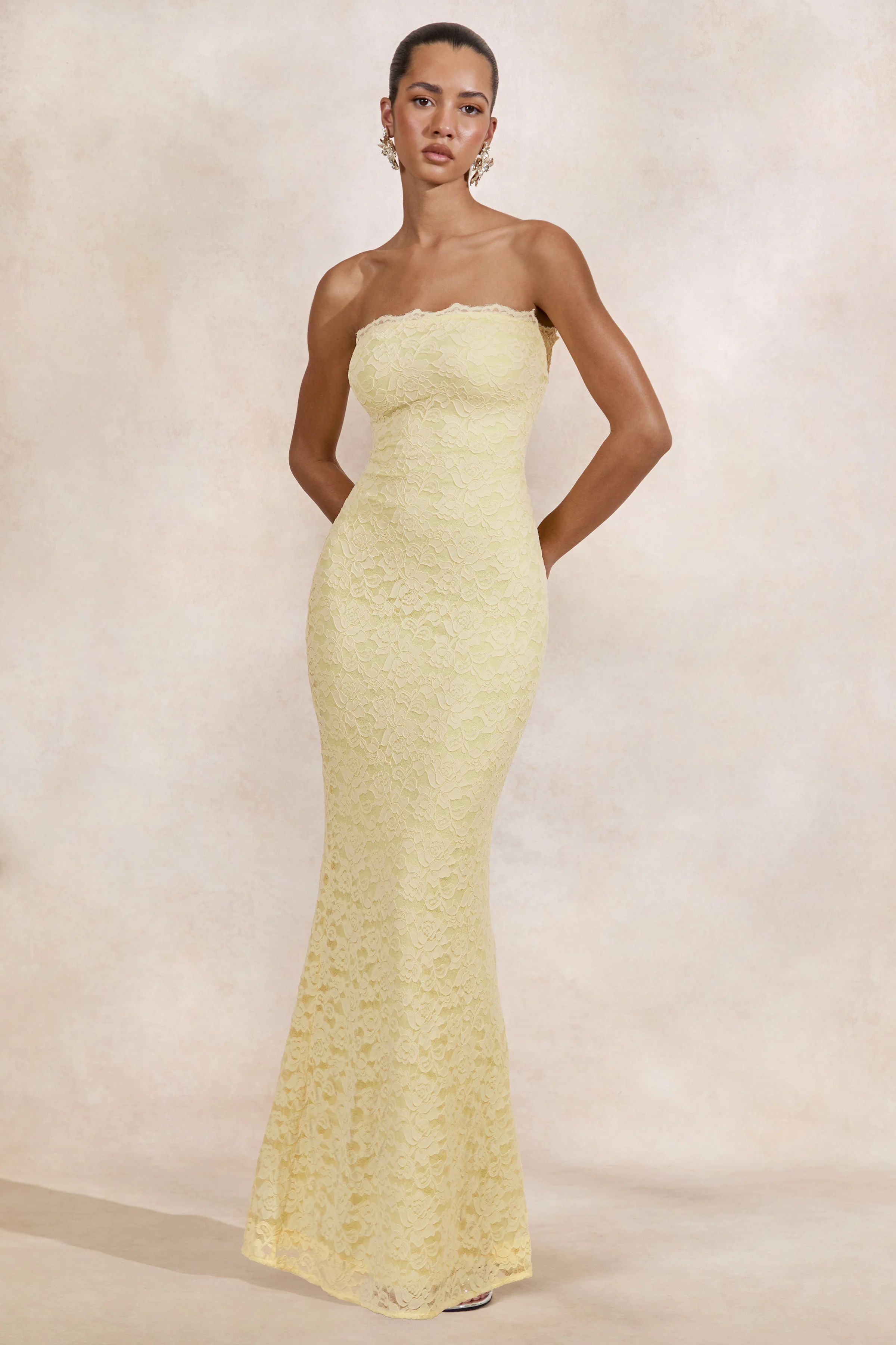 Massima | Lemon Lace Bandeau Maxi Dress With Scarf Detail And Back Split