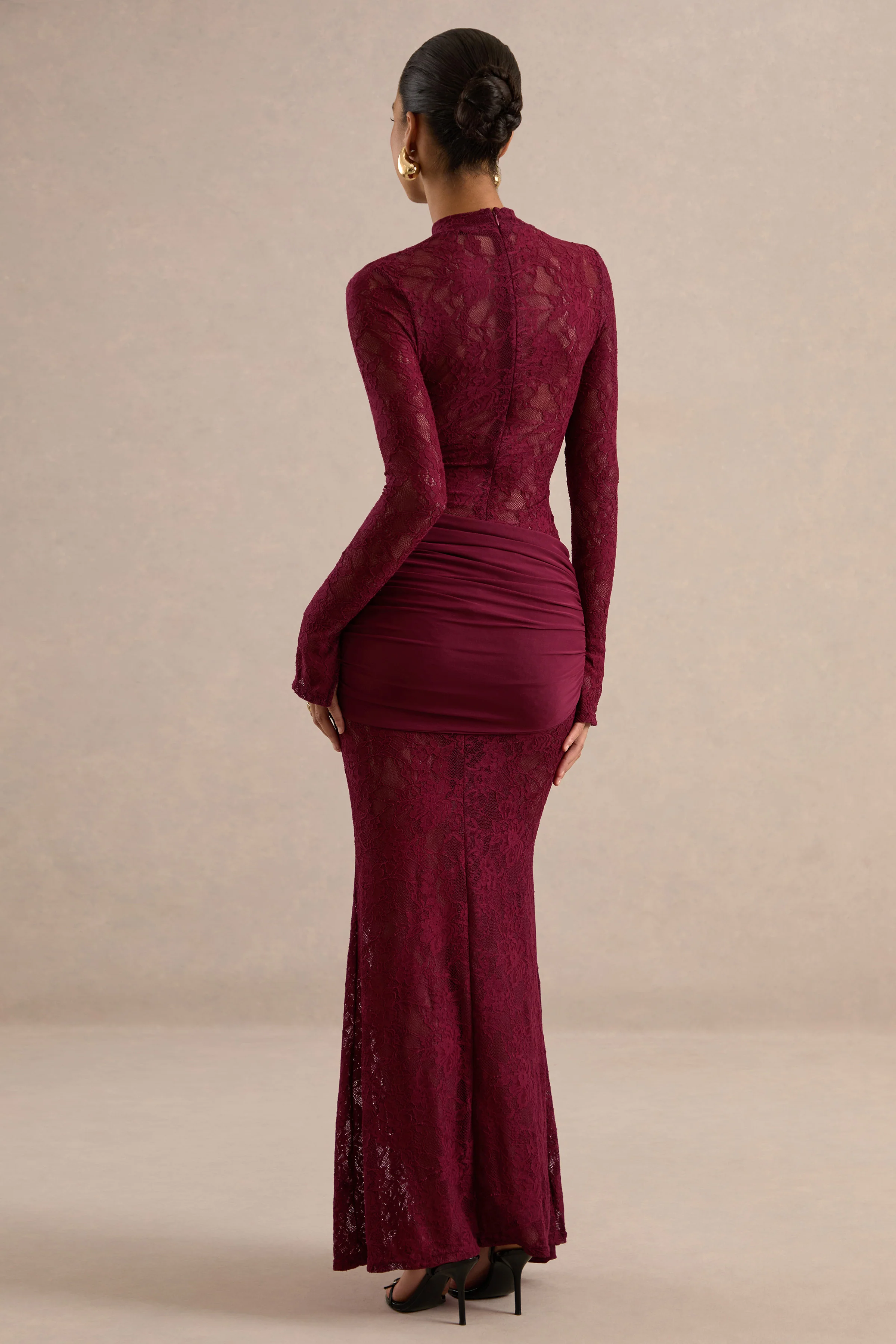 Akira | Red Sheer Lace High Neck Long Sleeve Maxi Dress With Gathered Detailing And Sash