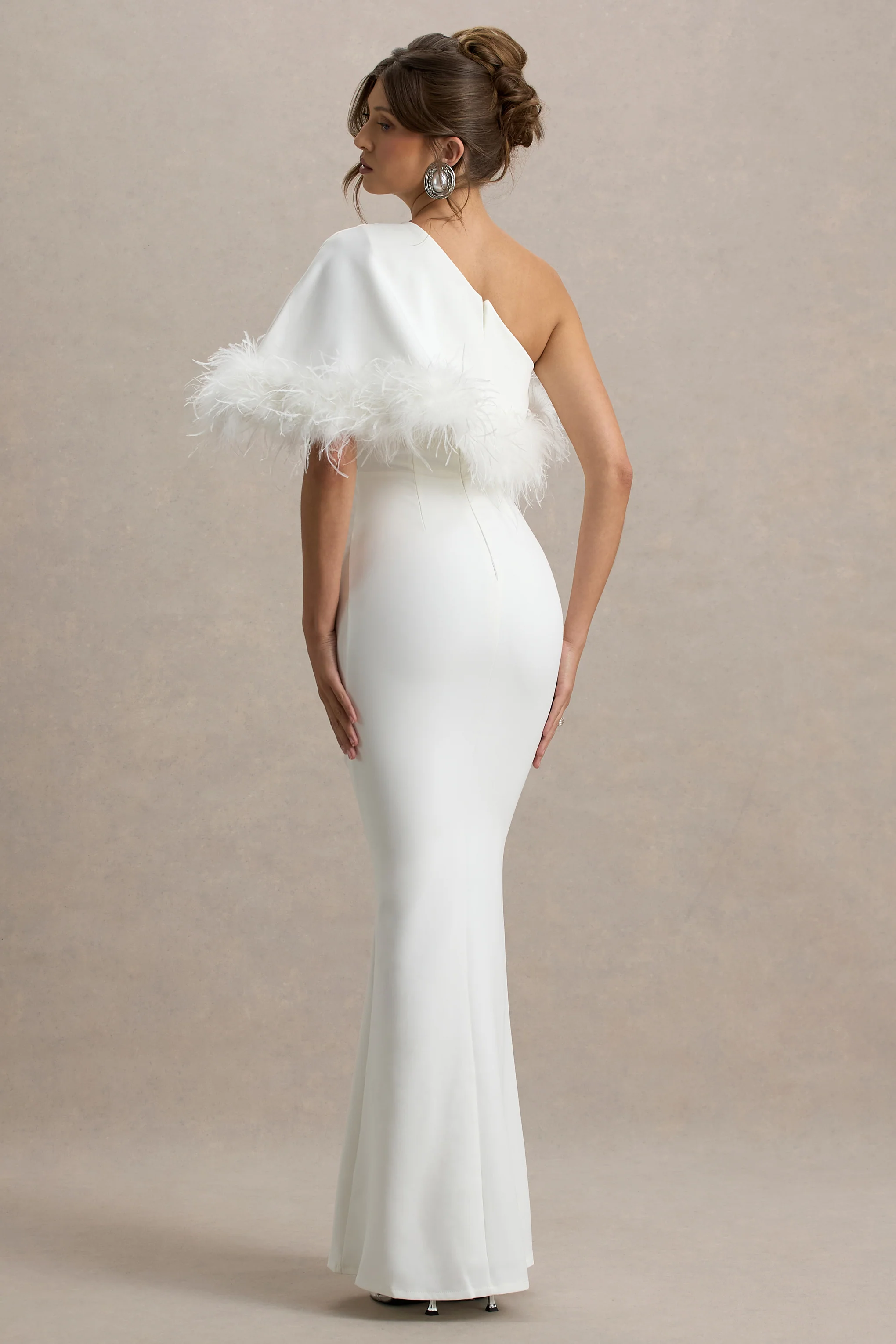 Valor | White Asymmetric Maxi Dress With Feather Trim