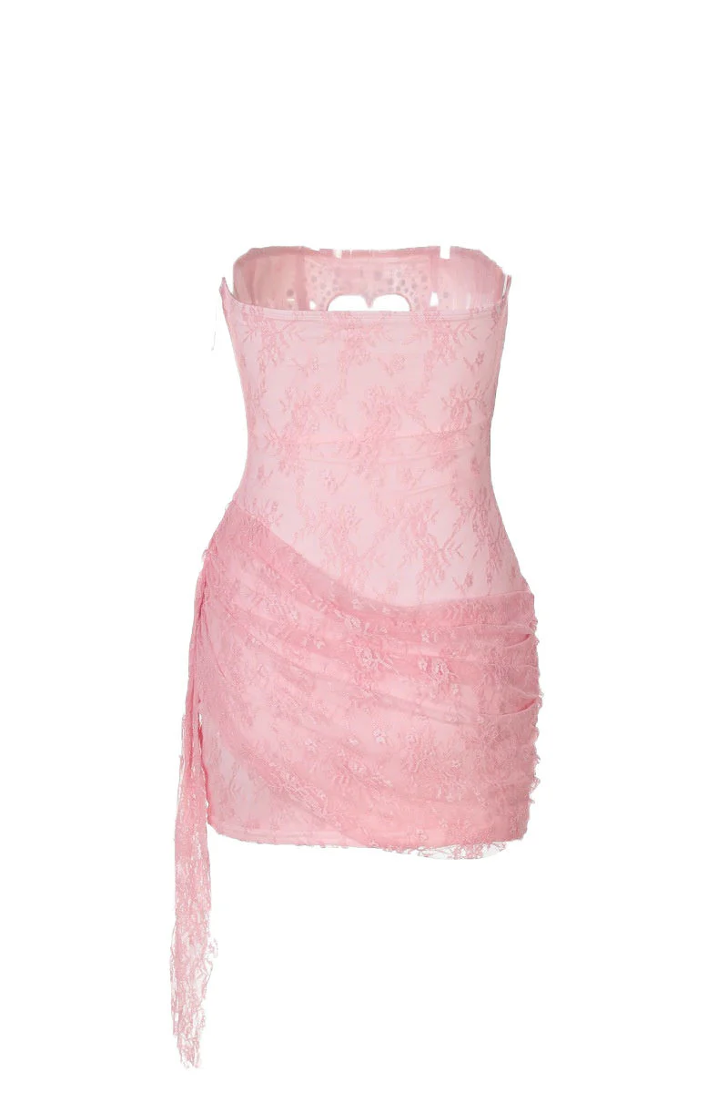Strapless Pink Hollow Heart Lace Short Dress