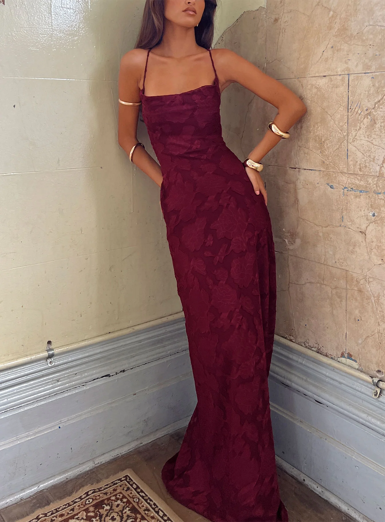 Celena Maxi Dress Burgundy Burnout