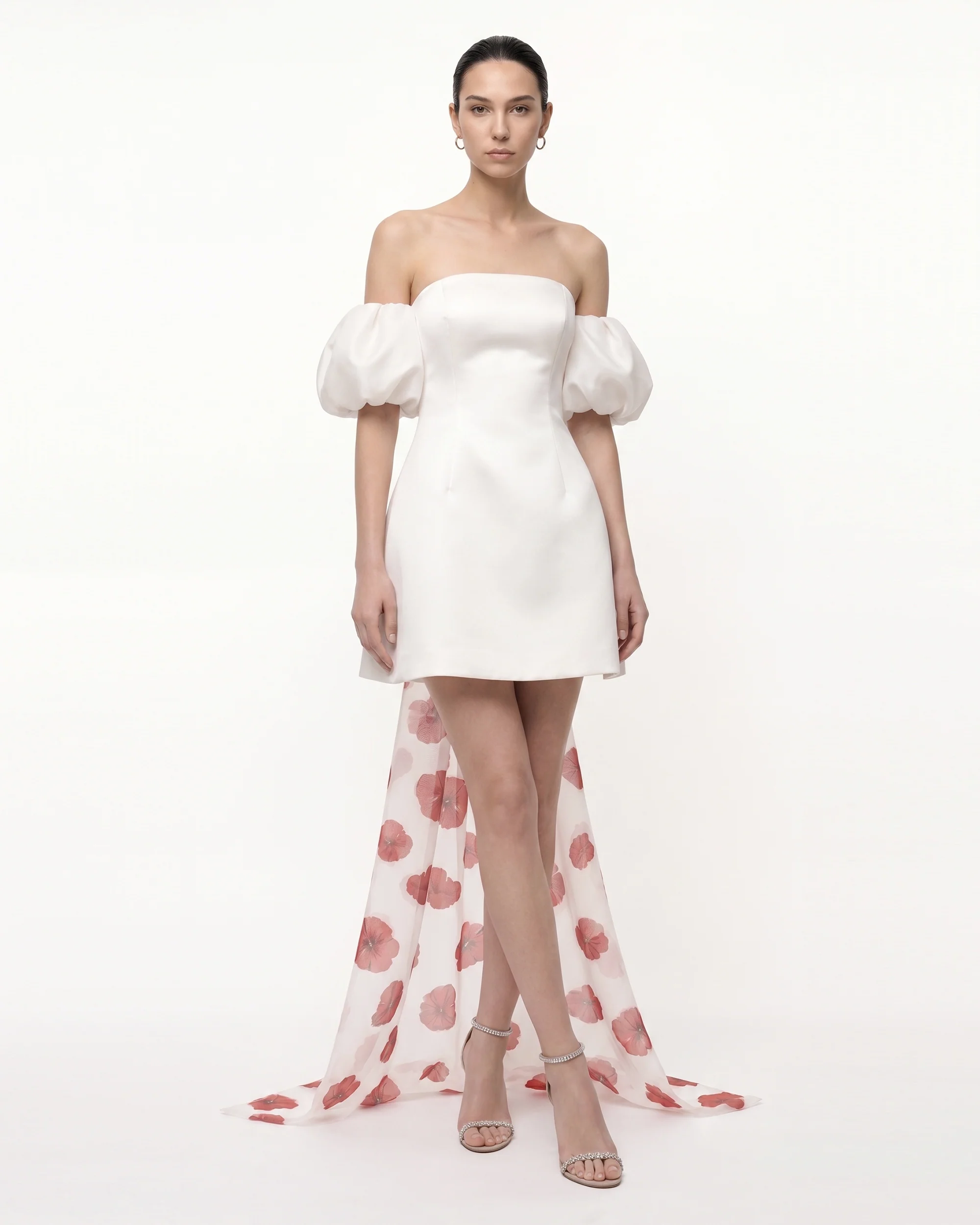 3D Floral Corn Poppy Puff-Sleeve Mini Dress with Train - Ivory