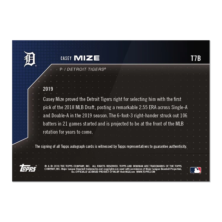 On-Card Auto # to 49 - Casey Mize - Bowman NEXT TOPPS NOW® Card T7B